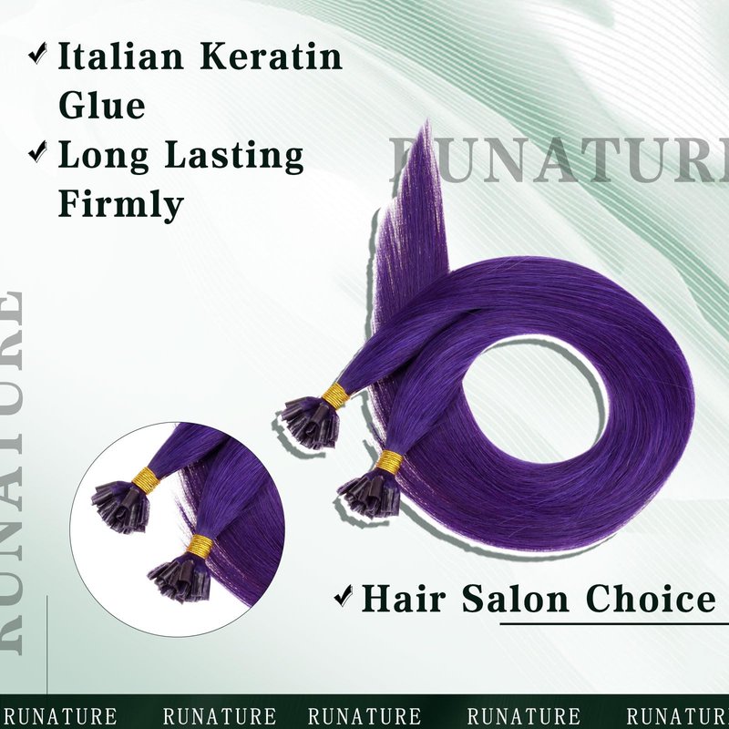 RUNATURE U Tip Hair Extensions Human Hair Purple Hair Extensions Real Human Hair Pre Bonded Keratin Hair Extension Purple Hot Fusion Hair Extension Remy Natural Hair for Party 16 Inch 20g 25s