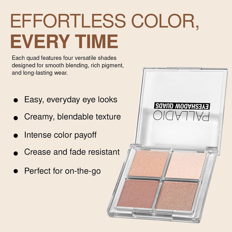 Palladio Eyeshadow Quads, Velvety Pigmented Blendable Matte, Metallic and Shimmer Finishes, Creamy Formula, Four Way Quad Eye Shadow Palette, Talc-Free (Ballerina)
