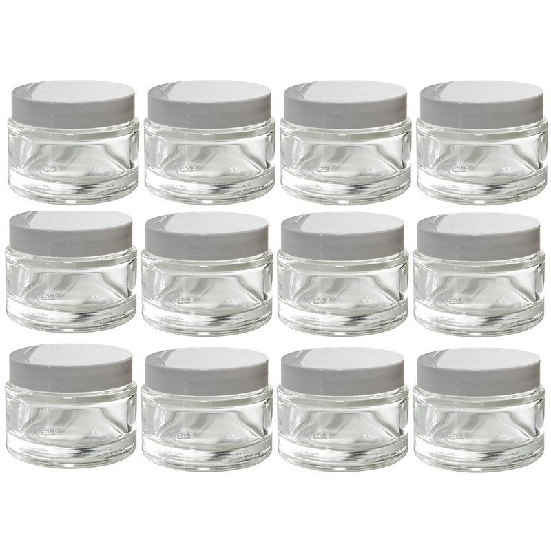 (12 pack) 2 oz Clear Glass Thick Wall Jars with White Foam Lined Smooth Lids