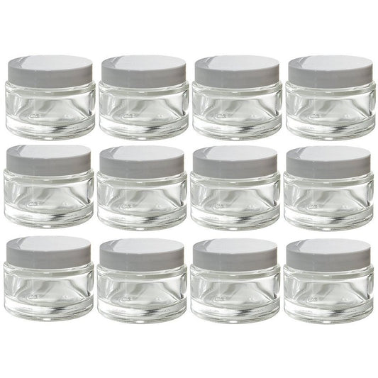 (12 pack) 2 oz Clear Glass Thick Wall Jars with White Foam Lined Smooth Lids