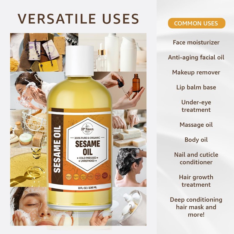 ORGANIC SESAME OIL (32 oz) Premium Cold Pressed Unrefined | 100% Pure Sesame Oil for Skin, Face, Hair, Soap Making | Carrier for Essential Oils | Available in Bulk | 32 FL OZ