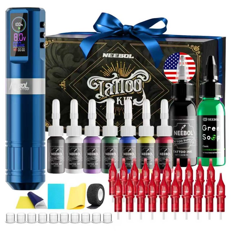 Neebol Wireless Tattoo Gun Kit, Rotary Tattoo Machine Kit with LED Display & 6H Long-Lasting Battery, 20 Cartridge Needles & 10 Ink Set, Tattoo Kit for Beginners Complete Set