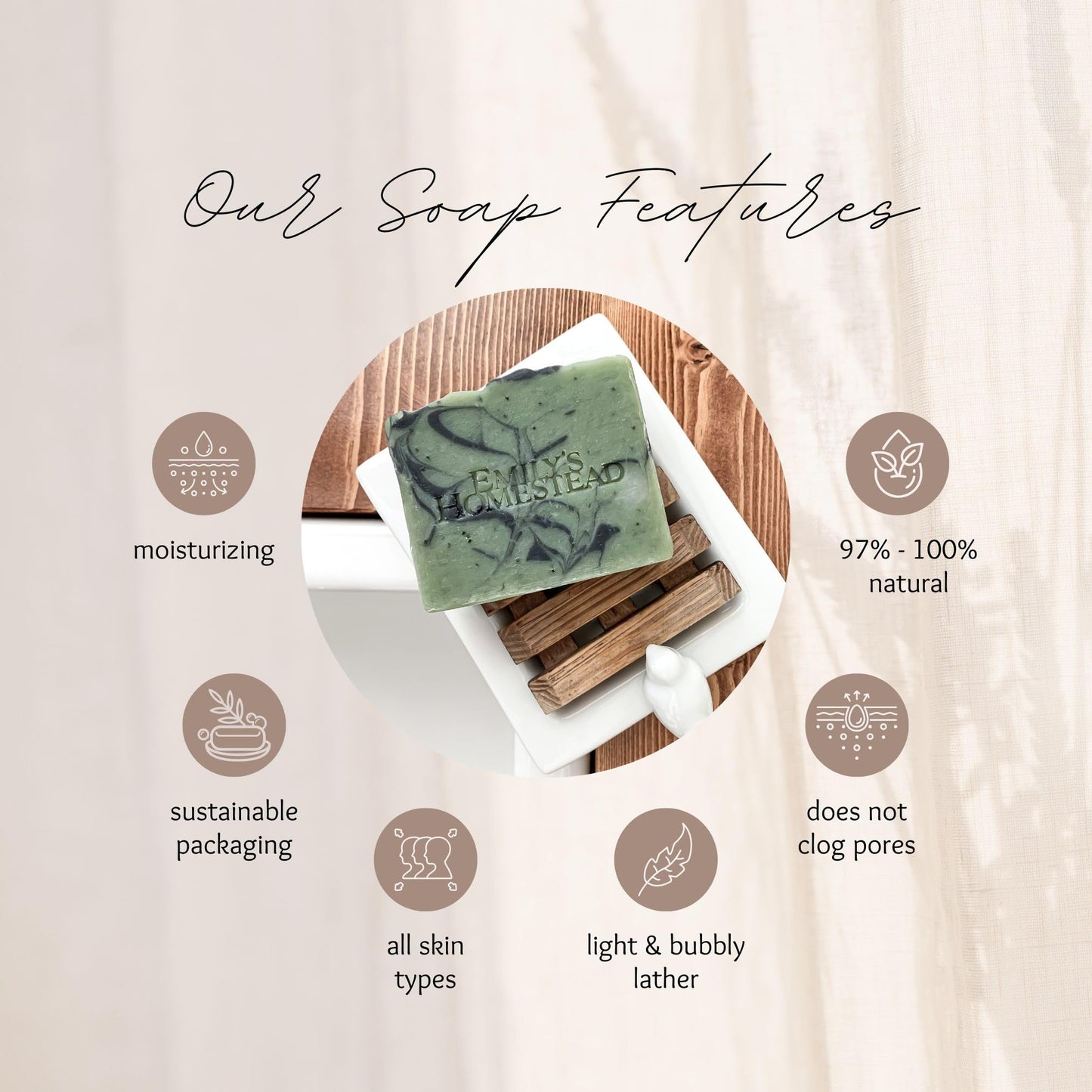 Emily's Homestead Natural Variety Bar Soap, 3 Pack, Cucumber Oak, Peppermint Oatmeal, Woodland Walk, Gift Set