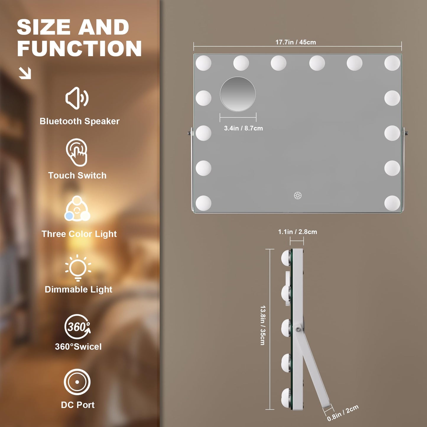 MINISO Vanity Mirror with Lights and Bluetooth Speaker- 9.8" x 13.8" Hollywood Makeup Mirror with 3 Color Lights, Smart Touch Control, Rounded Rectangle White Frame