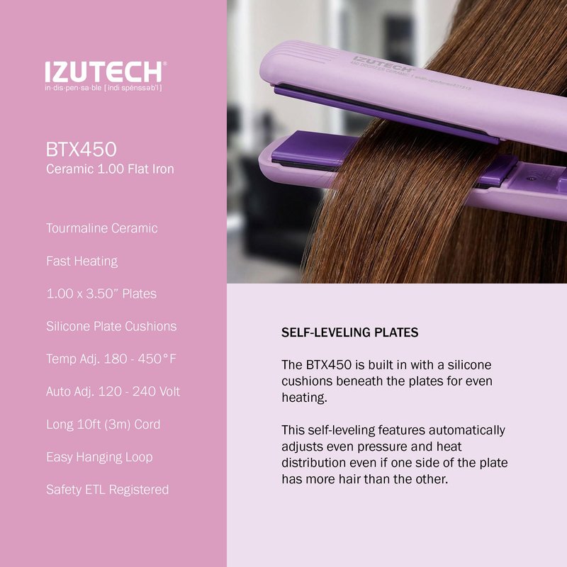 IZUTECH BTX450 1 Inch Tourmaline Ceramic Flat Iron Hair Straightener, Professional Salon Negative Ion Straightener with Adjustable Temperature for All Hair Types, Anti-Frizz High Shine, Pink