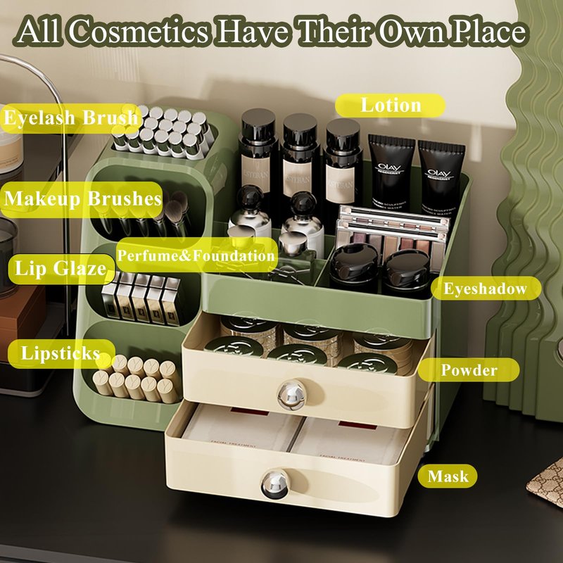 Makeup Organizer Countertop For Women,Brush Holder, Makeup Storage Organizer with 2 Drawers, Spacious Cosmetic Display Case for Beauty Essential, Skincare, Lipstick (Green)
