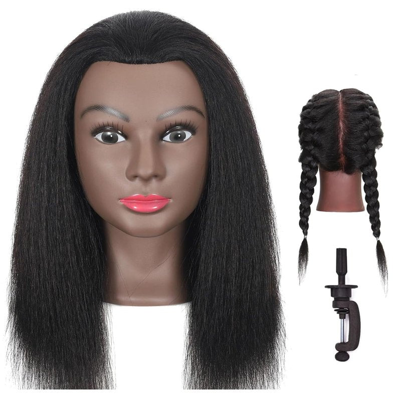 Lamcestyr Mannequin Head with Long Black Hair, Clamp Stand and DIY Hair Styling Set for Braiding Hair Styling (2#, 16 inches)