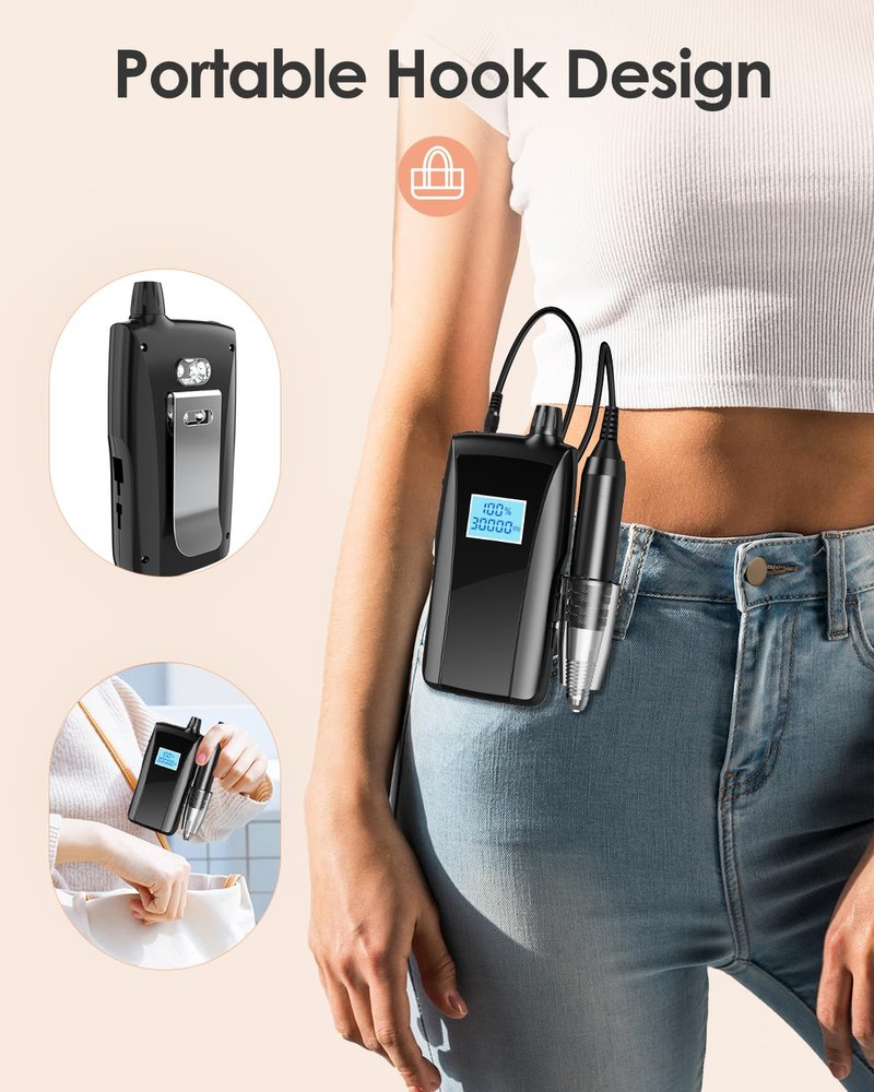 Beloving Portable Nail Drill Machine,30000RPM Rechargeable Electric Nail File Professional with Speed Display,Sanding Bands and Bits,Efile for Acrylic Dip Gel Nails Manicure Pedicure Home Salon Use