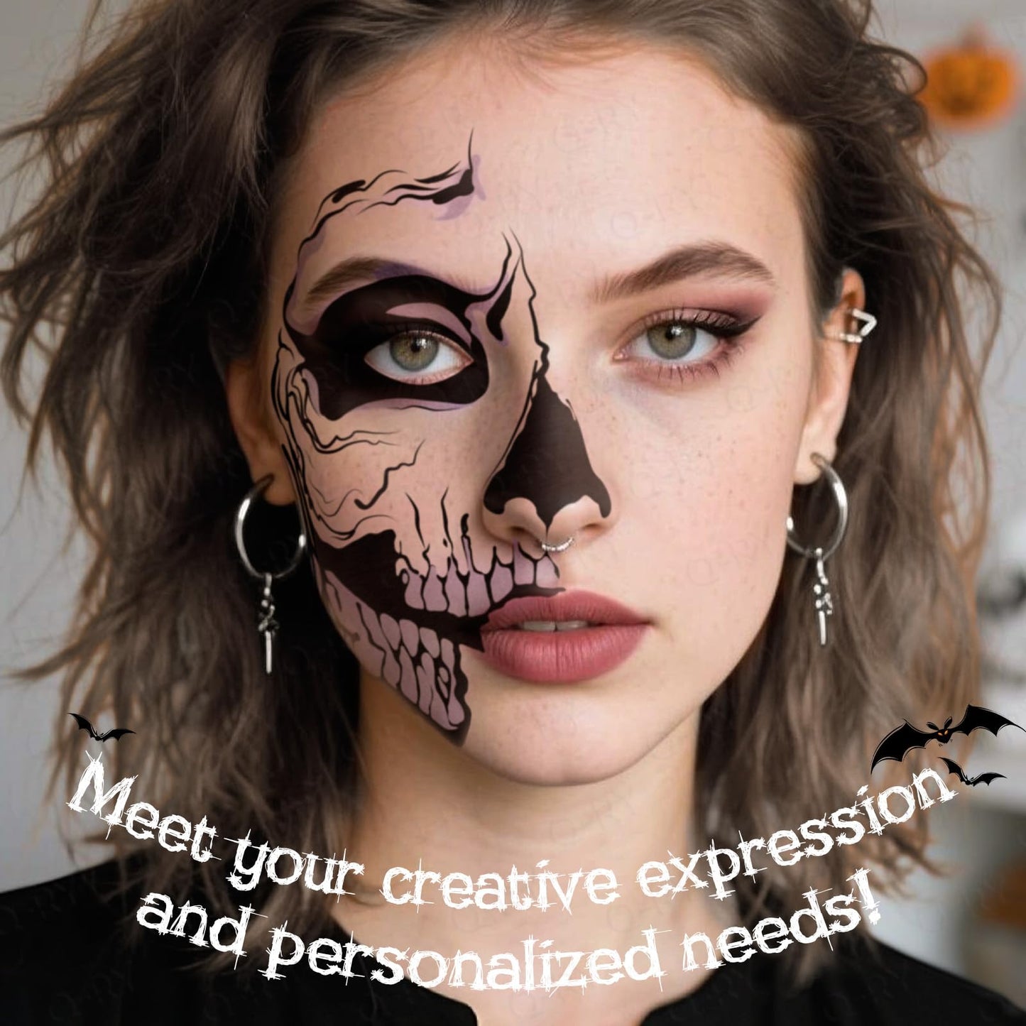 Halloween Scary Ghost Temporary Makeup Stickers Half Face Tattoo Patches Skeleton Eyeshadow Eyeliner Tattoos Zombie Decorations for Women Men Prank Cosplay Makeup Decals