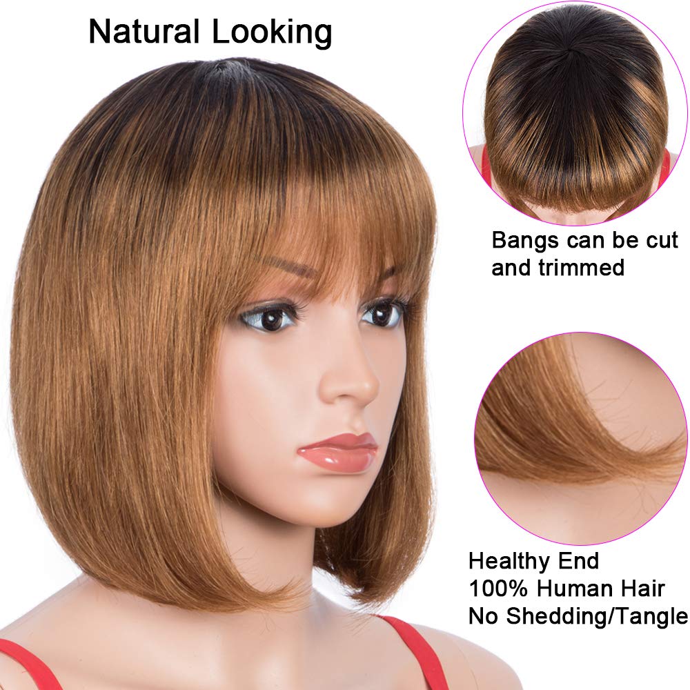 Spotlight 8 Inch Straight Bob Wig with Bangs Human Hair 180% Density Short Bob Human Hair Wigs with Bangs None Lace Front Wigs Brazilian Straight Hair Wig for Black Women (Ombre Brown, TT1B/30 Color)
