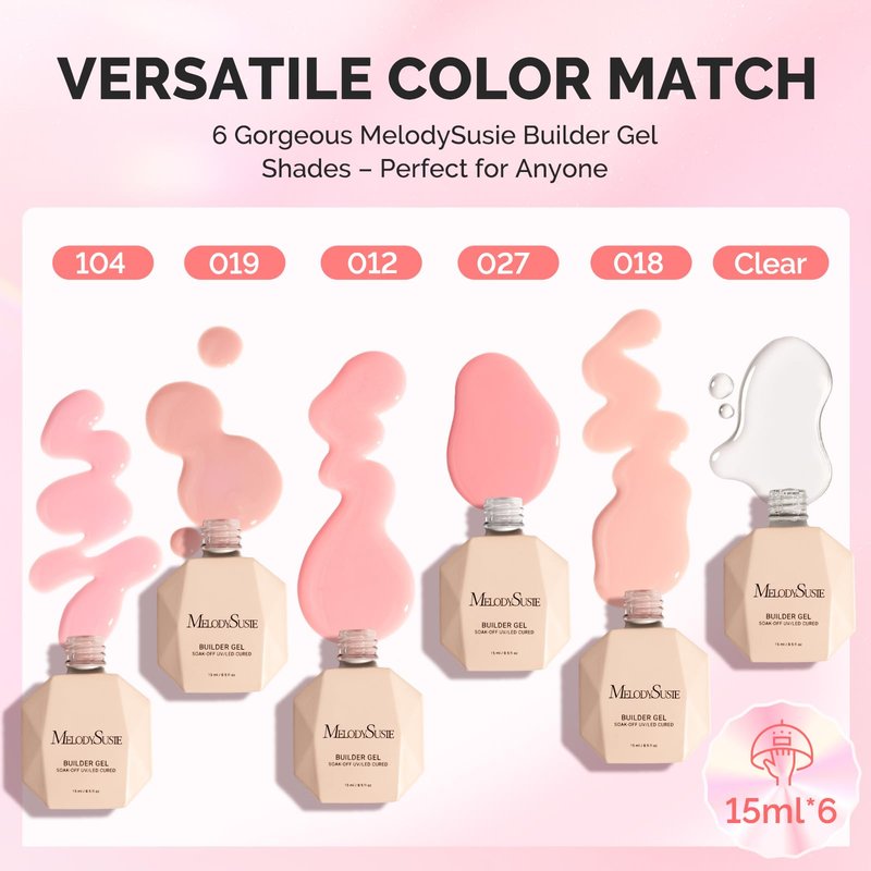 MelodySusie Builder Gel Nail Set for Nails Thickening,6 Colors 15ML Nude Pink Base Colors Clear Rubber Base Gel Polish,Soak Off UV Extension,Rhinestone Nail Glue in a Bottle Gift for Women