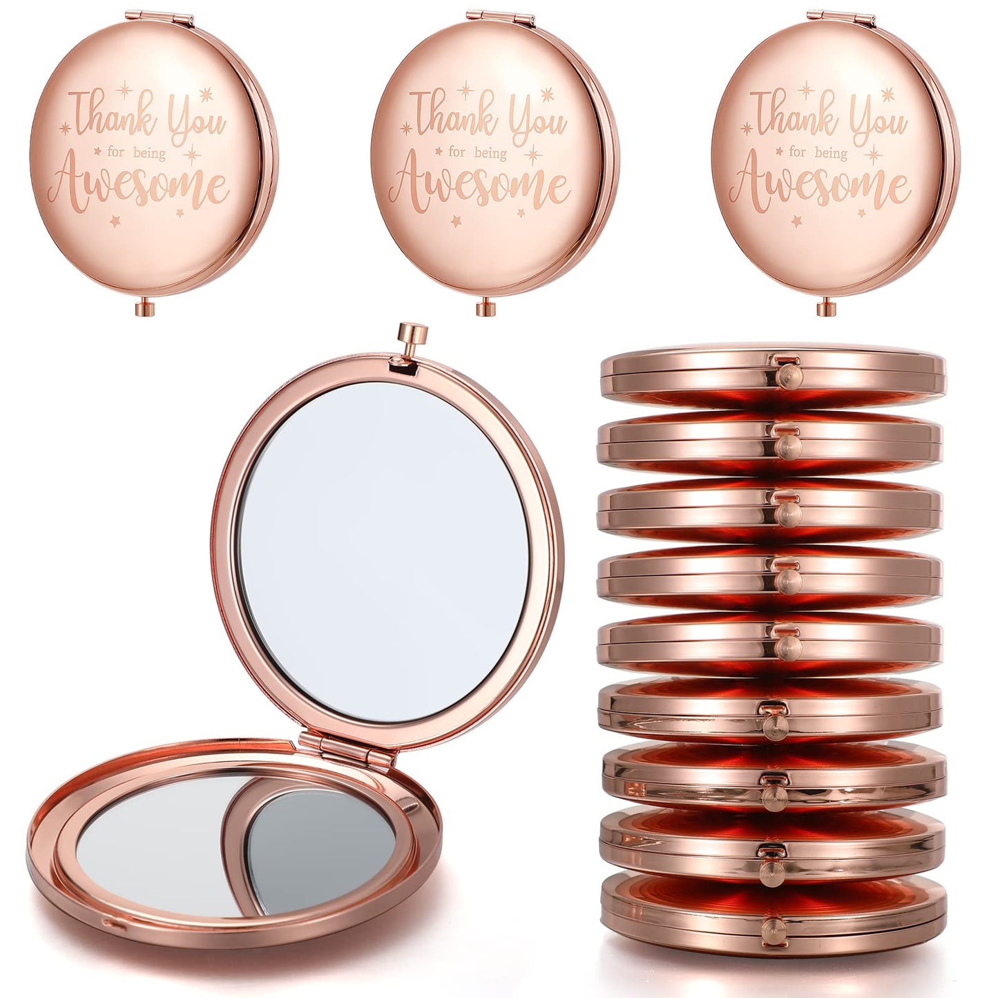 Roowest 12 Pcs Inspirational Compact Mirror Bulk for Mom Women Gifts Double Sided Travel Thank You for Being Awesome Employee Appreciation Makeup Magnifying Small Pocket Mirror(Rose Gold)