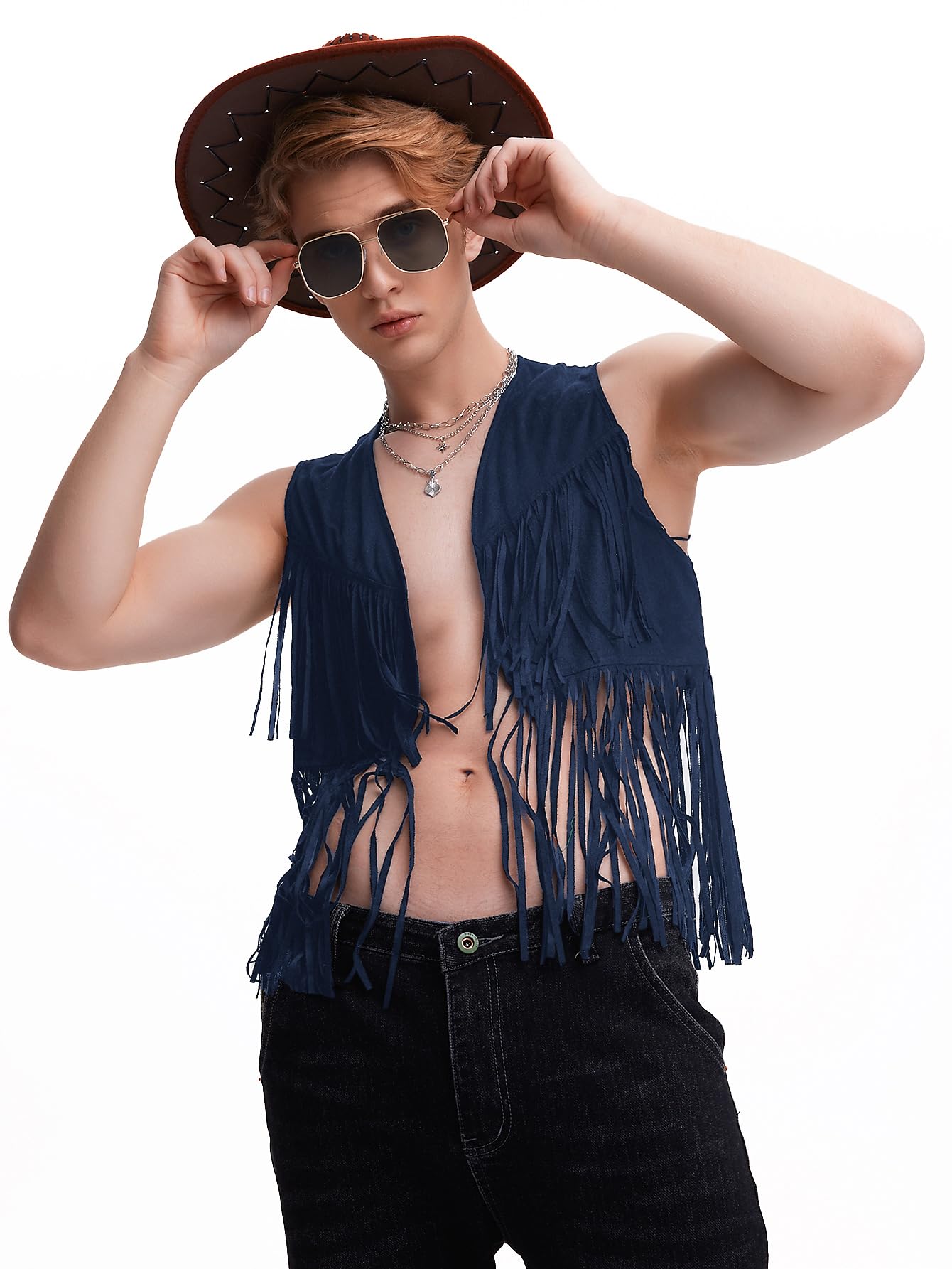 WDIRARA Men's Open Front Sleeveless Fringe Hem Party Club Jacket Vest Outerwear Navy Blue Solid S