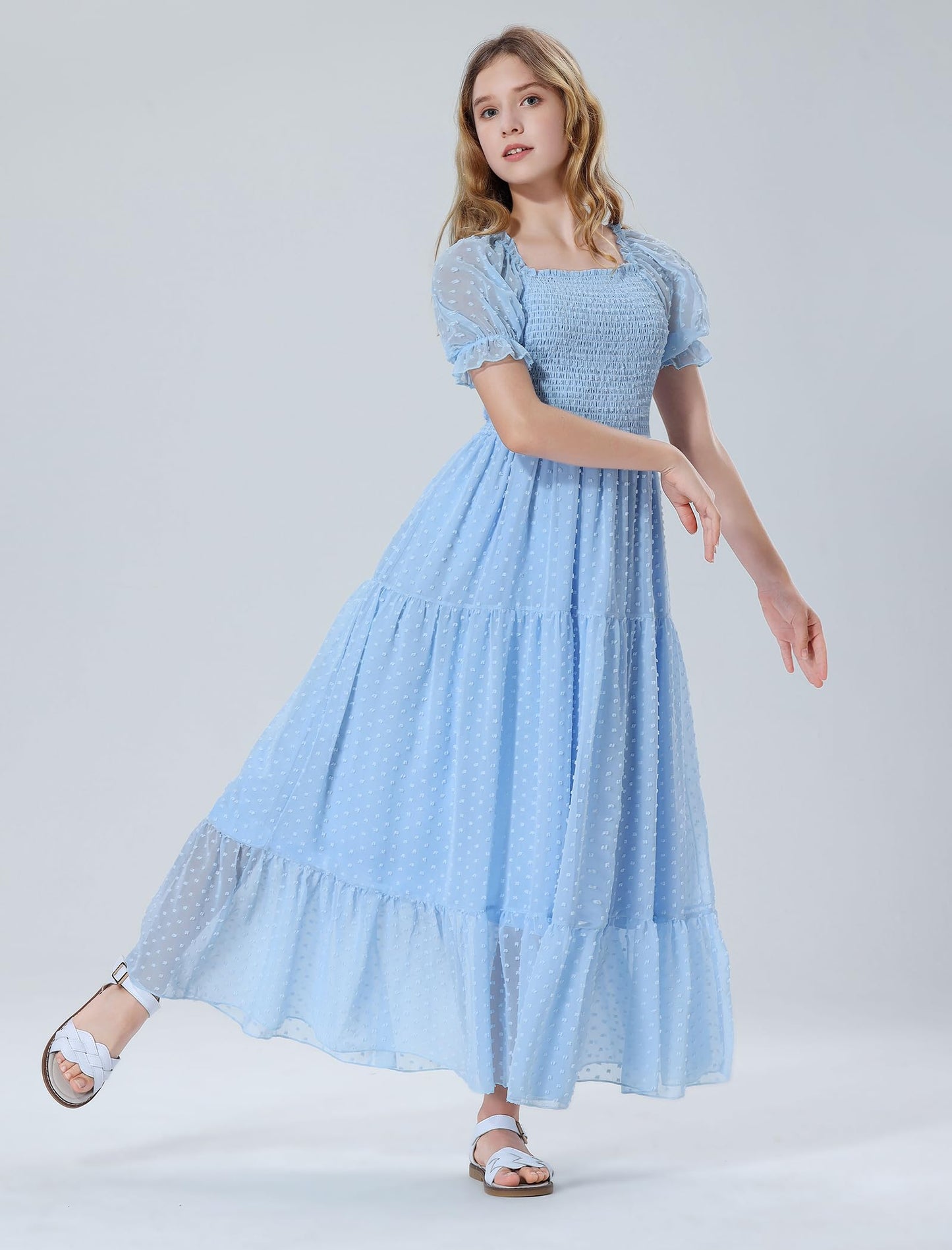 Mebius Girls Maxi Long Dress Flowy Dresses A-line Square Neck Short Sleeve Swiss Dot Smocked Casual 10-12 Light Blue 7Y