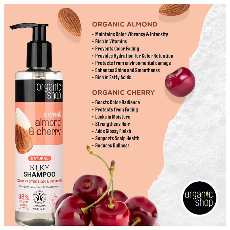 Organic Almond Oil & Cherry Shampoo | Color Protection & Hydration, 9.5 Fl Oz - 100% Vegan & Organic
