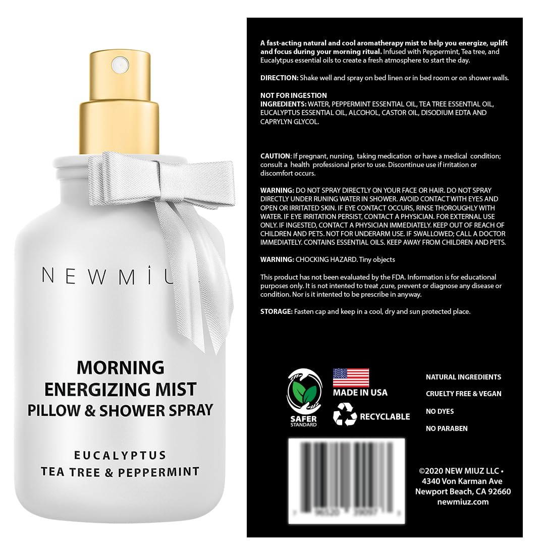 Energizing Shower & Pillow Spray Peppermint Eucalyptus Tea Tree Essential Oils Natural Fast Acting Aromatherapy Mist for Relaxation Calming Stress Clear Sinus Cooling Relief Luxury Self Care Gift