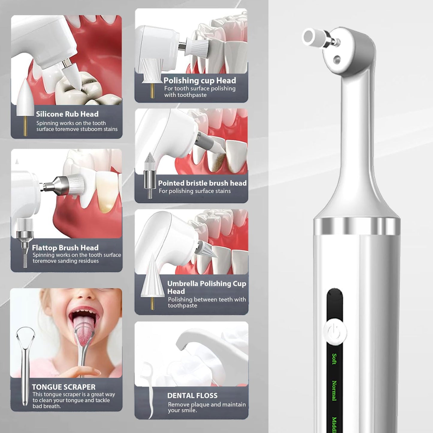 Plaque or Electric Tartar Polishing Teeth Kit with LED Light 5 Speed Modes with 5 Replacement Brush Heads (White)