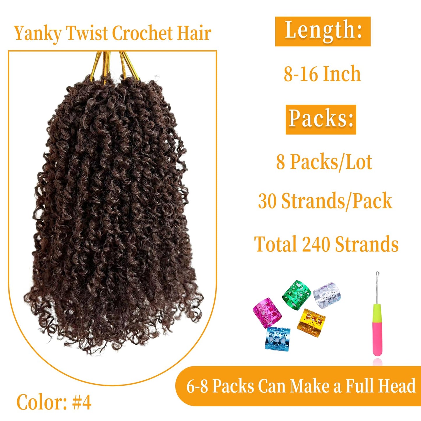 12 Inch Pre-Looped Yanky Twist Crochet Hair, 30 Strands/Pc, Mini Passion Twists, Senegalese Braiding Hair (4#, 8 Pcs/Pack)