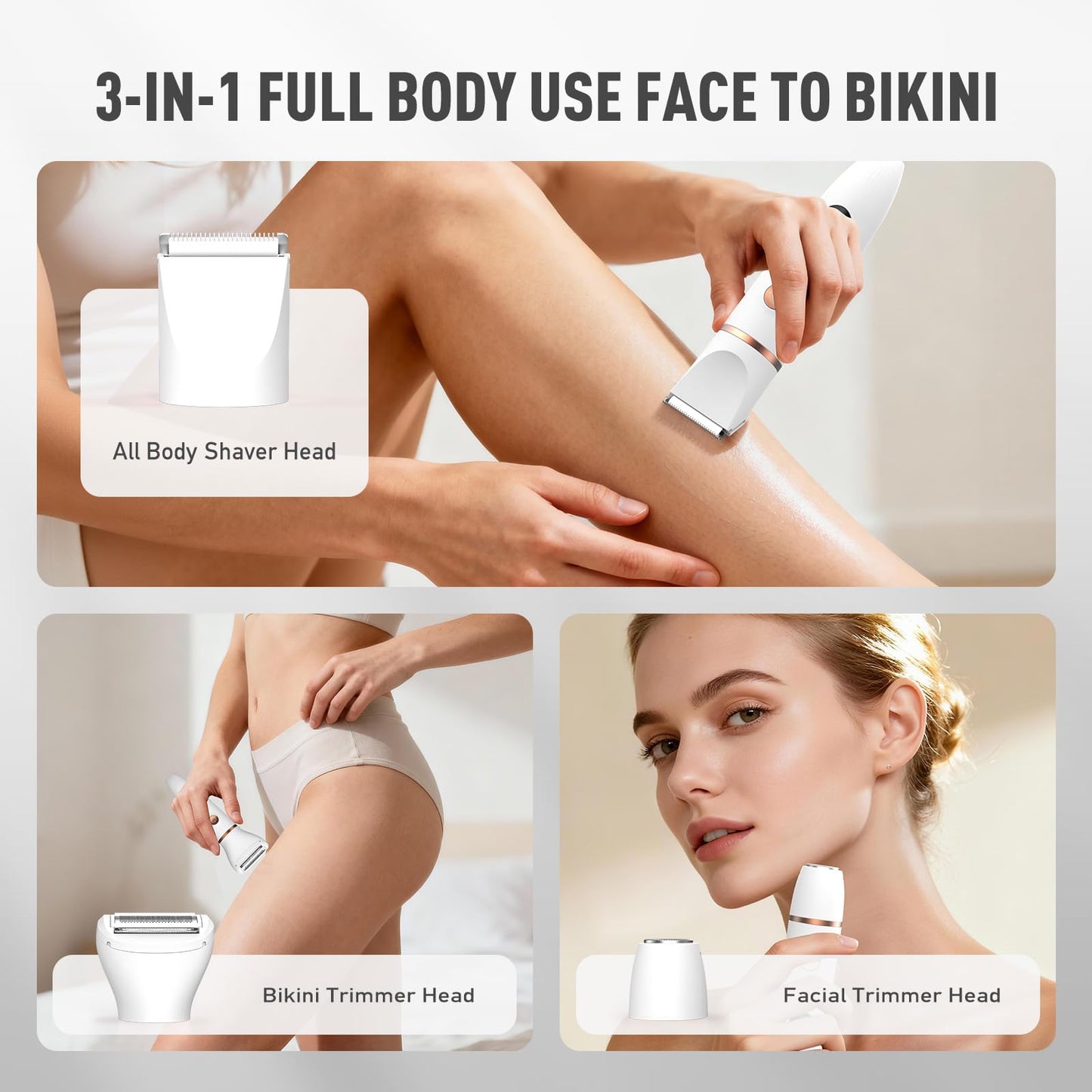 Crolanli Bikini Trimmer for Women, 3-in-1 Electric Razor, IPX7 Waterproof Ceramic Blades, Wet & Dry Use, LED Display, Painless Shaver for Bikini, Face, Underarms, Legs, Home Travel (White)