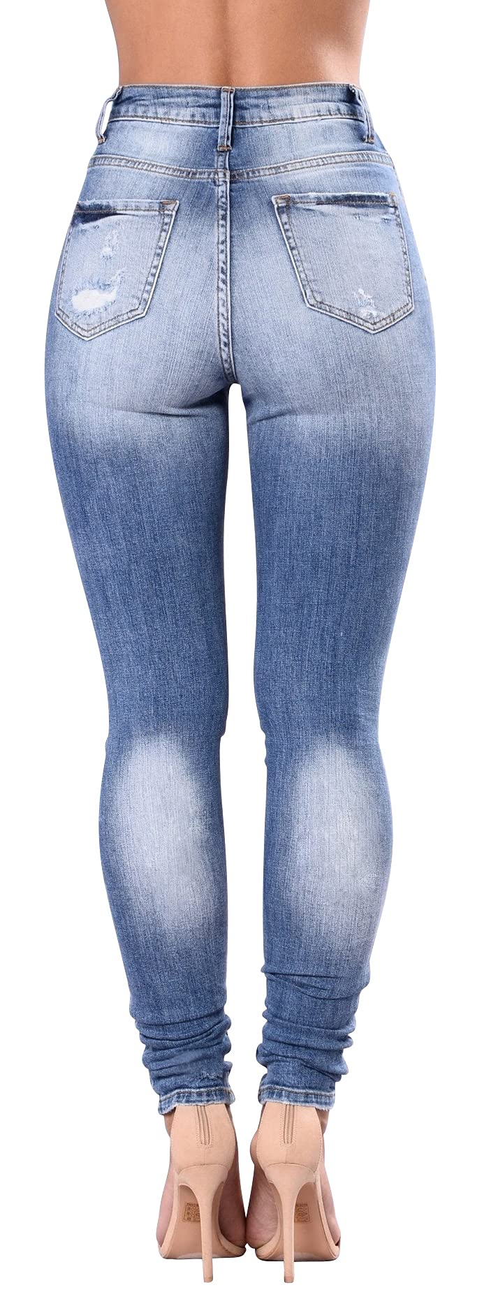 Women's High Waisted Distressed Stretch Jeans - Ripped Butt Lift Denim Pants, Light Blue, Size 2