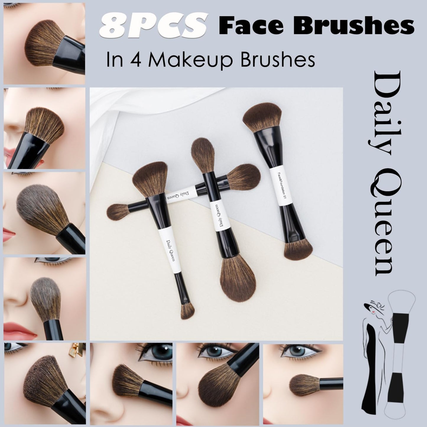 Daily Queen Portable Makeup Brush Set 8pcs Dual Kabuki Powder Concealers Eye shadows Blush Eyeliner Eyebrow Contour Eye blending Brushes (8 IN 16 brush set with waterproof bag)