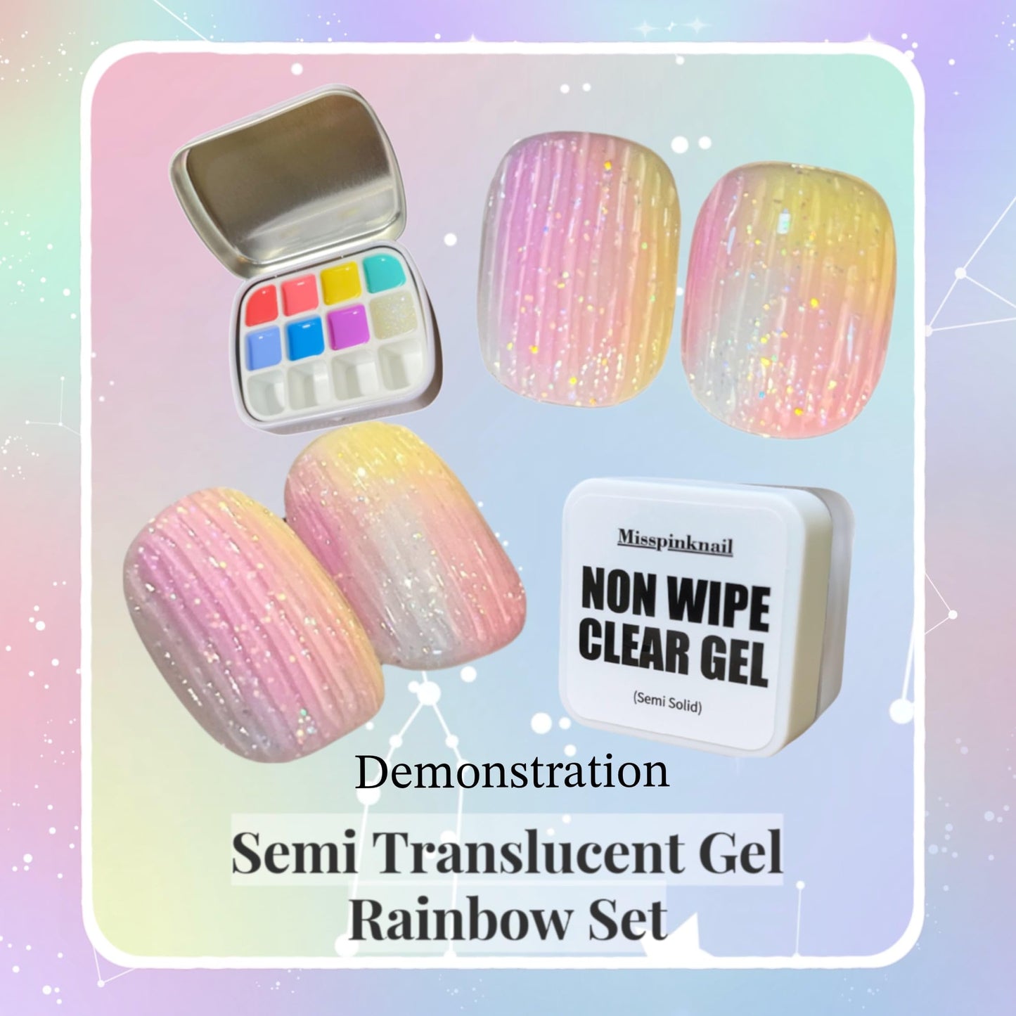 YJMyujimi Semi Translucent jelly Gel Rainbow Set 8 colours 5g each Black Tube gel polish DIY at home nail art drawing 7bright colour & 1 sparkling gel Small case with 12 divisions Fine packaging Gift