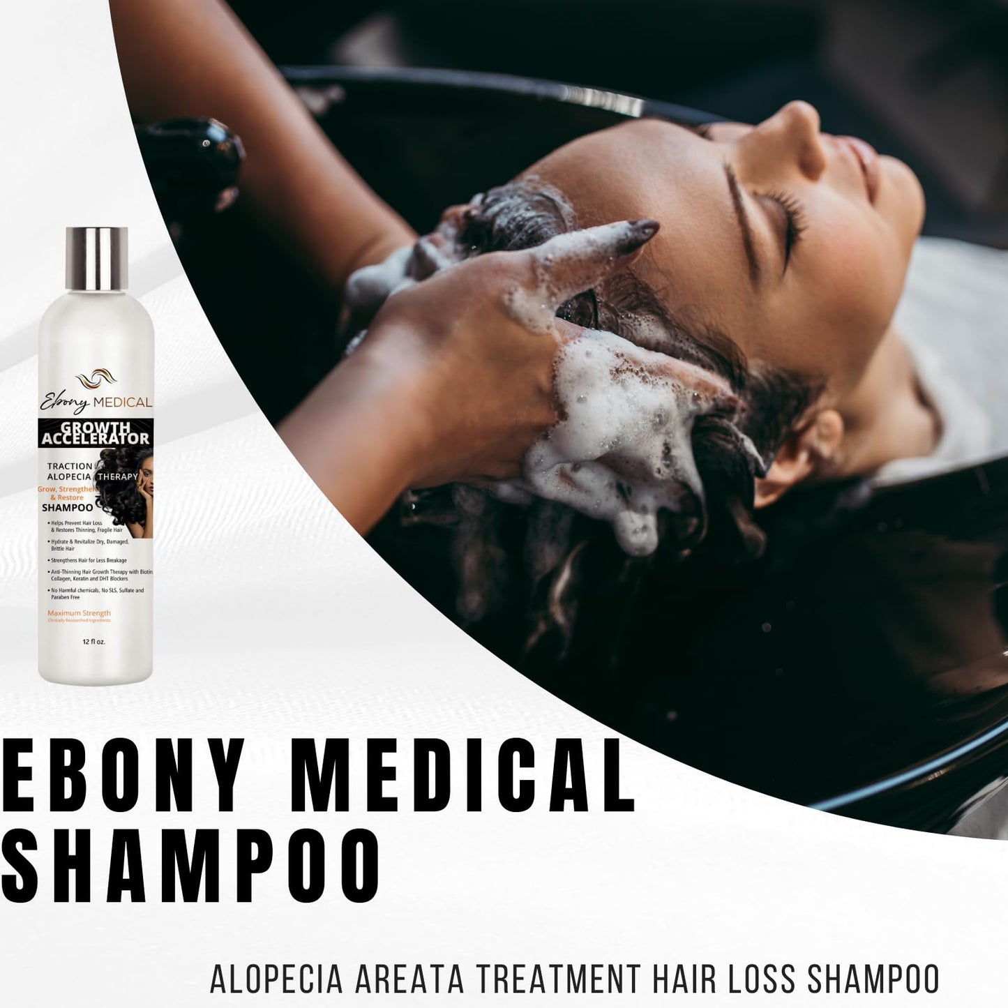 Ebony Medical Hair Support Shampoo – Thinning Hair & Patchy Hair Solution – Strengthens Strands, Scalp Health & Volume – Natural, Vegan, Sulfate-Free – 12 fl oz