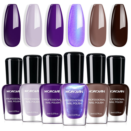 Morovan Purple Nail Polish Set: Brown Nude Glitter Nail Polish Kit Dark Purple Sparkle Shimmer Regular Air Quick Dry Fingernail Polish Pack for Women 2025 Nail Art Design Gift Holiday Party