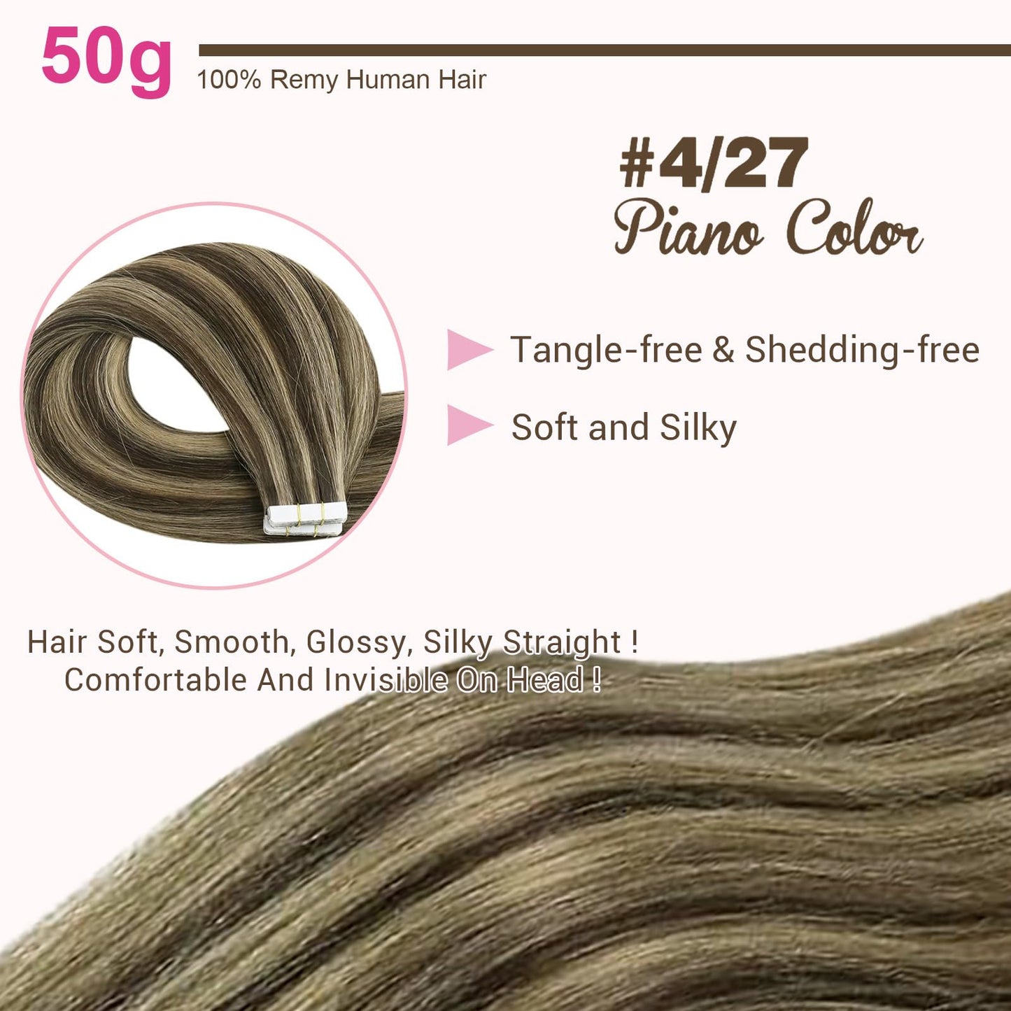 GEELOOK Tape in Hair Extensions Human Hair 18inch Skin Weft Straight Thick Natural with 12 Pieces Replacement Tape 20pcs 50g Chocolate Brown mixed caramel blonde #4/27/4