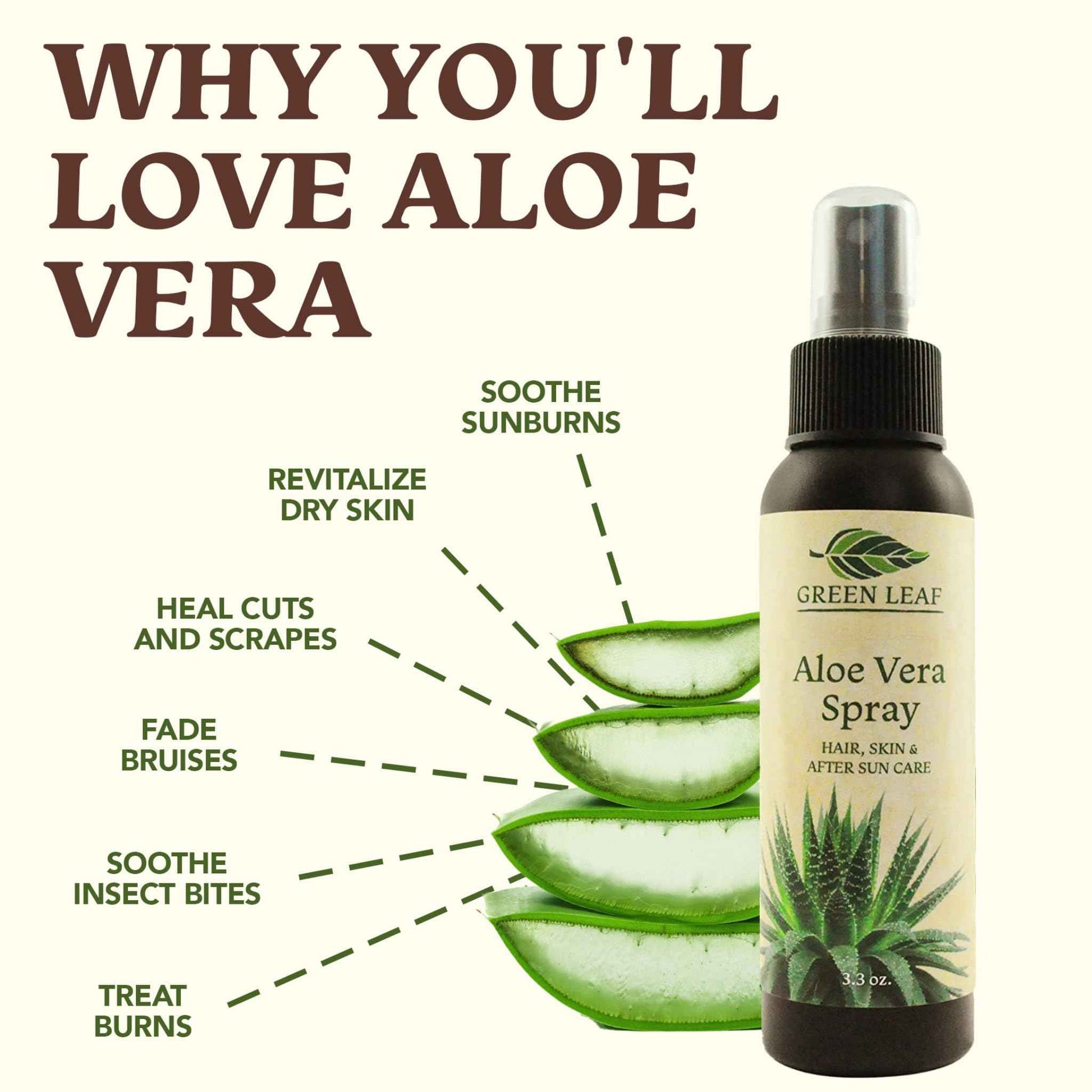 Green Leaf Naturals Aloe Vera Spray | 99% Cold-Pressed Aloe Vera Juice with Vitamin C, E & A | Hair, Skin, Facial Moisturizer, Sunburn Relief & After Sun Lotion 8oz