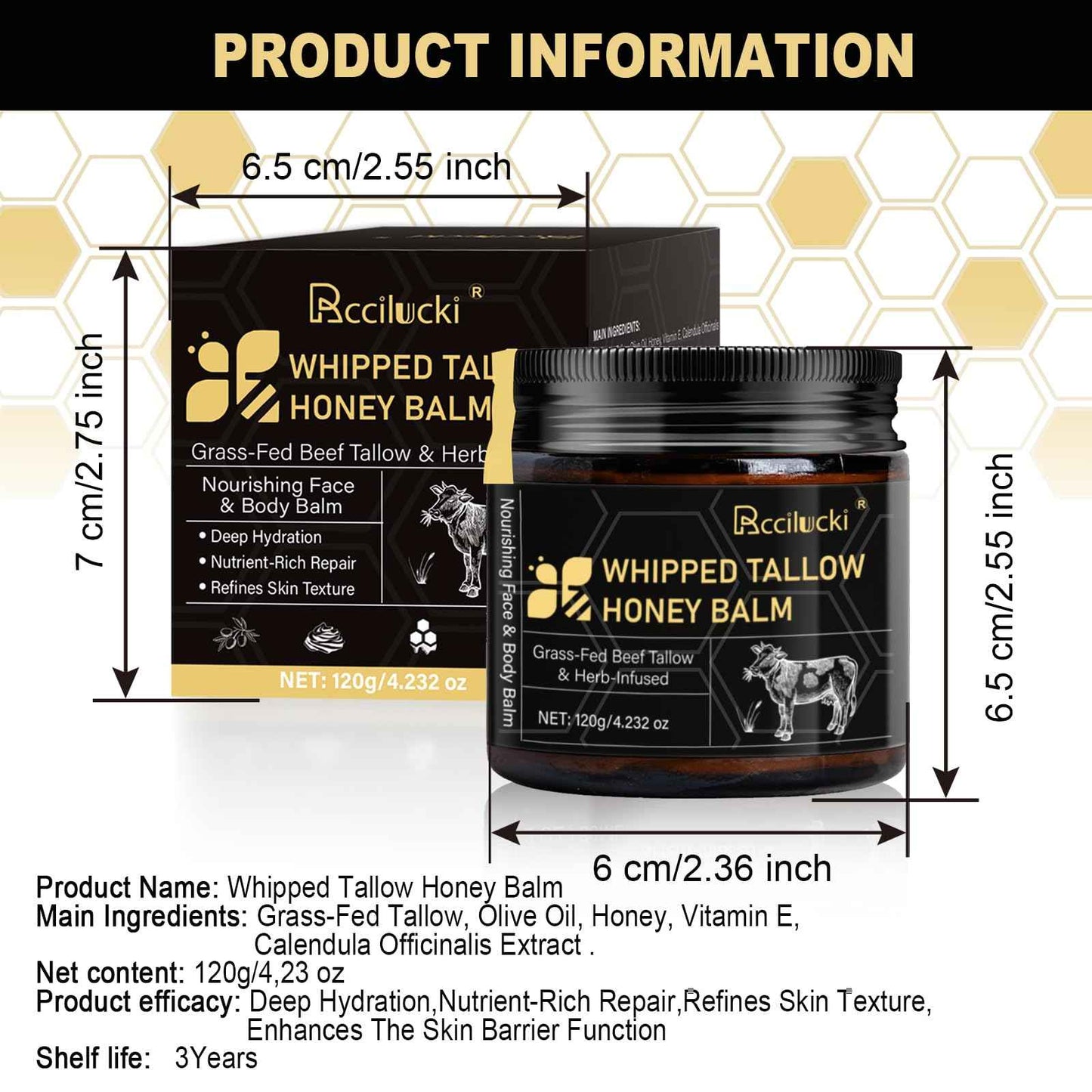 Rccilucki Whipped Tallow Honey Balm for Face & Body – Grass-Fed Whipped Beef Tallow Moisturizer 4.23oz | Organic Tallow Balm with Raw Honey, Vitamin E | Non-Greasy Formula