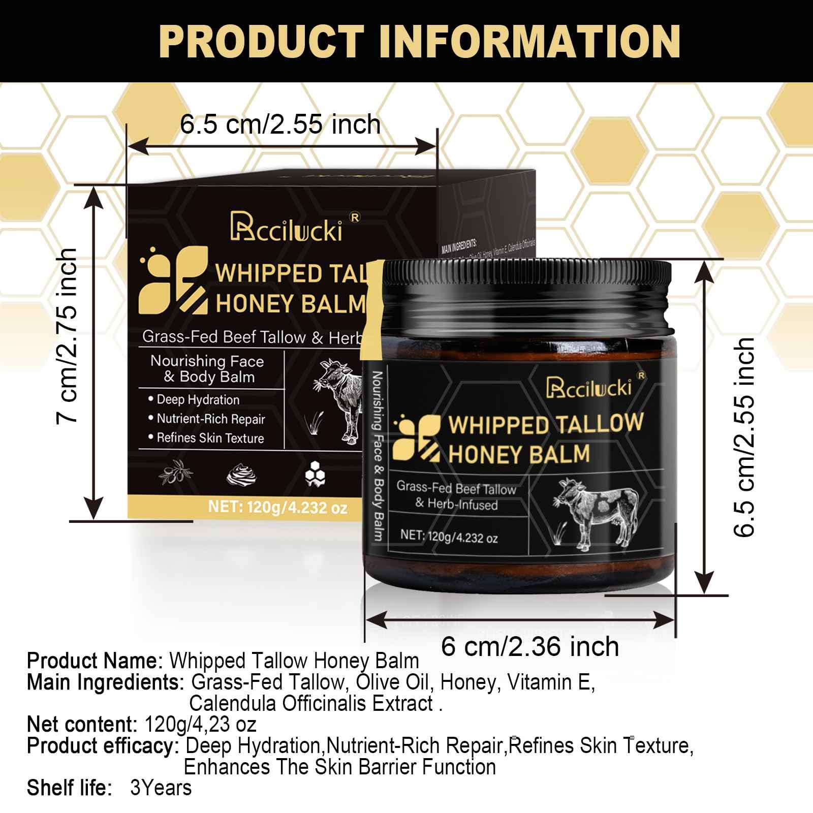 Rccilucki Whipped Tallow Honey Balm for Face & Body – Grass-Fed Whipped Beef Tallow Moisturizer 4.23oz | Organic Tallow Balm with Raw Honey, Vitamin E | Non-Greasy Formula