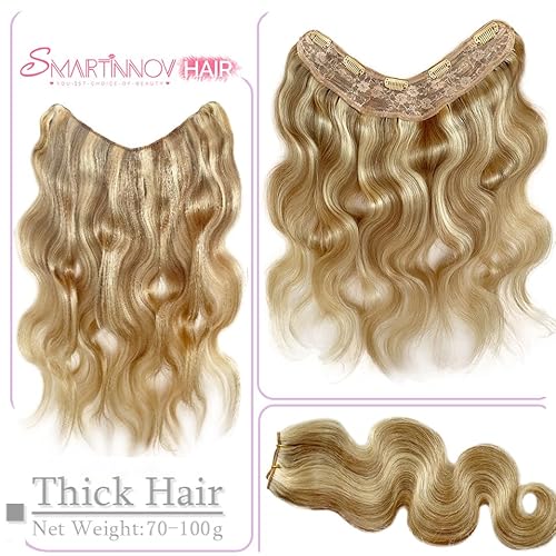 Invisible Hair Extensions Clip In Real Human Hair Balayage Chestnut Blonde to Platinum Blonde Highlight Hair Extension 16Inch 80G One Piece Clip in Remy Hair Body wave Double Weft V Shape Clip on Hair
