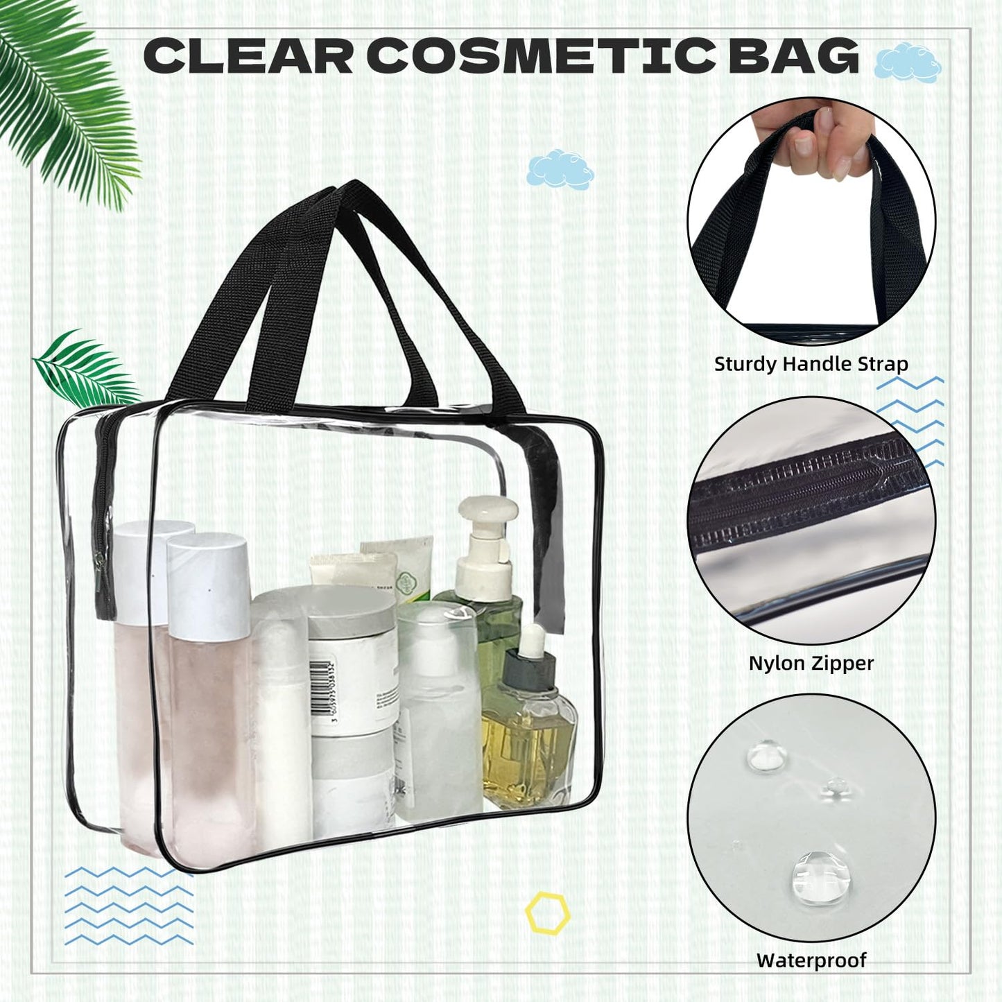 GEMLORD 12 Pieces Large Clear Cosmetic Organizer Makeup Bag, Clear PVC Travel Toiletry Bags with Zipper and Handle, Plastic Tote Bags for Beach, Traveling, Shopping, Storage
