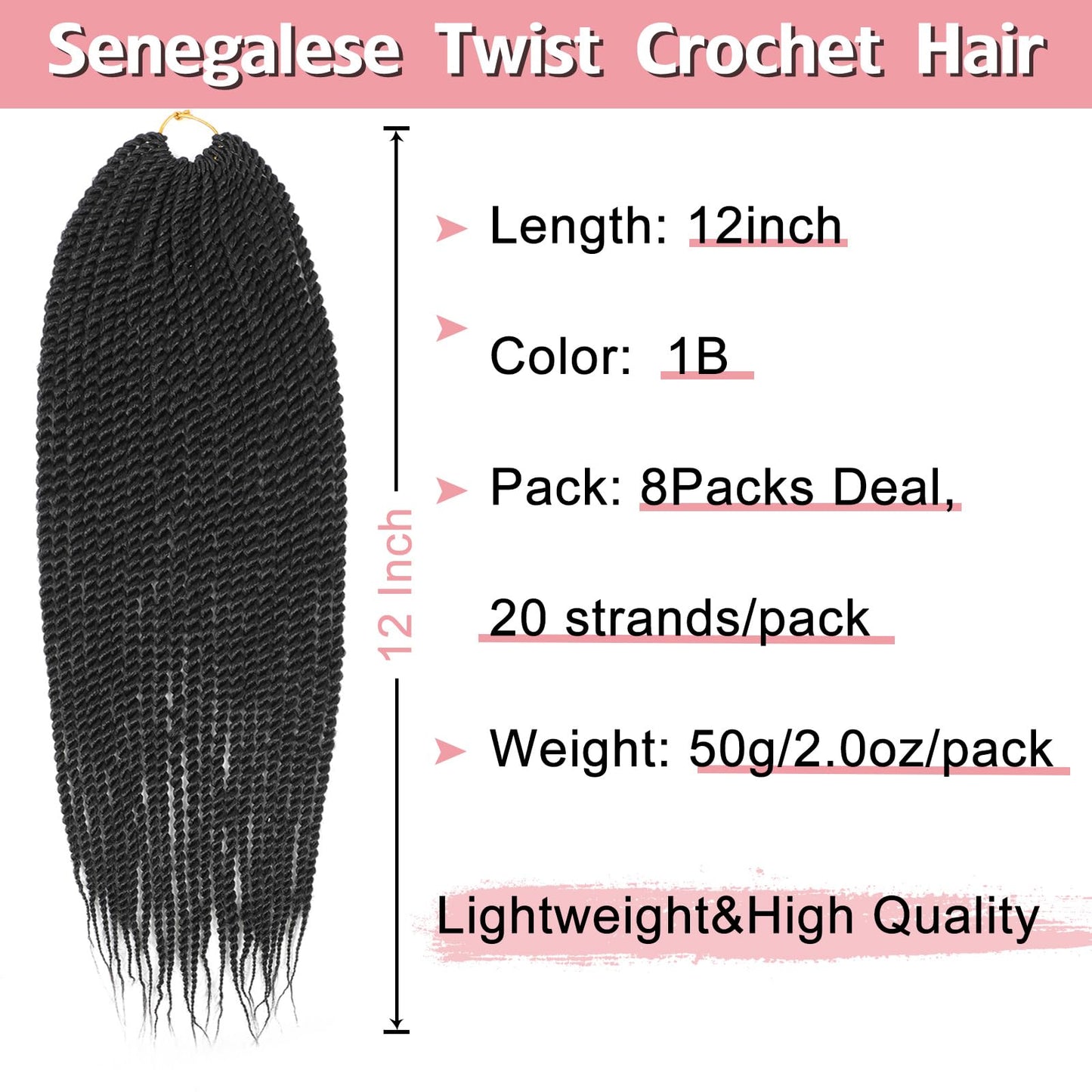 Senegalese Twist Crochet Hair-8 Packs 12 Inch,1B#