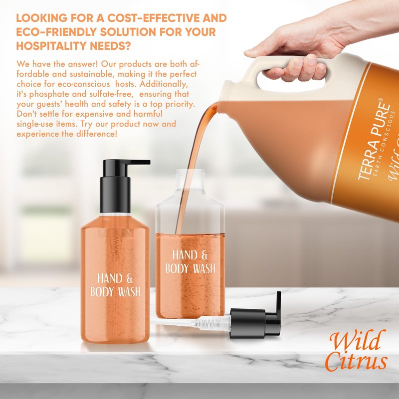 Terra Pure Wild Citrus Gallon Hand & Body Wash – Refill Jug for Hotels, Vacation Rentals, Guest Homes, Spas, Gyms | Bulk Liquid Soap Toiletries | No Color Added | For Sensitive Skin & Daily Use