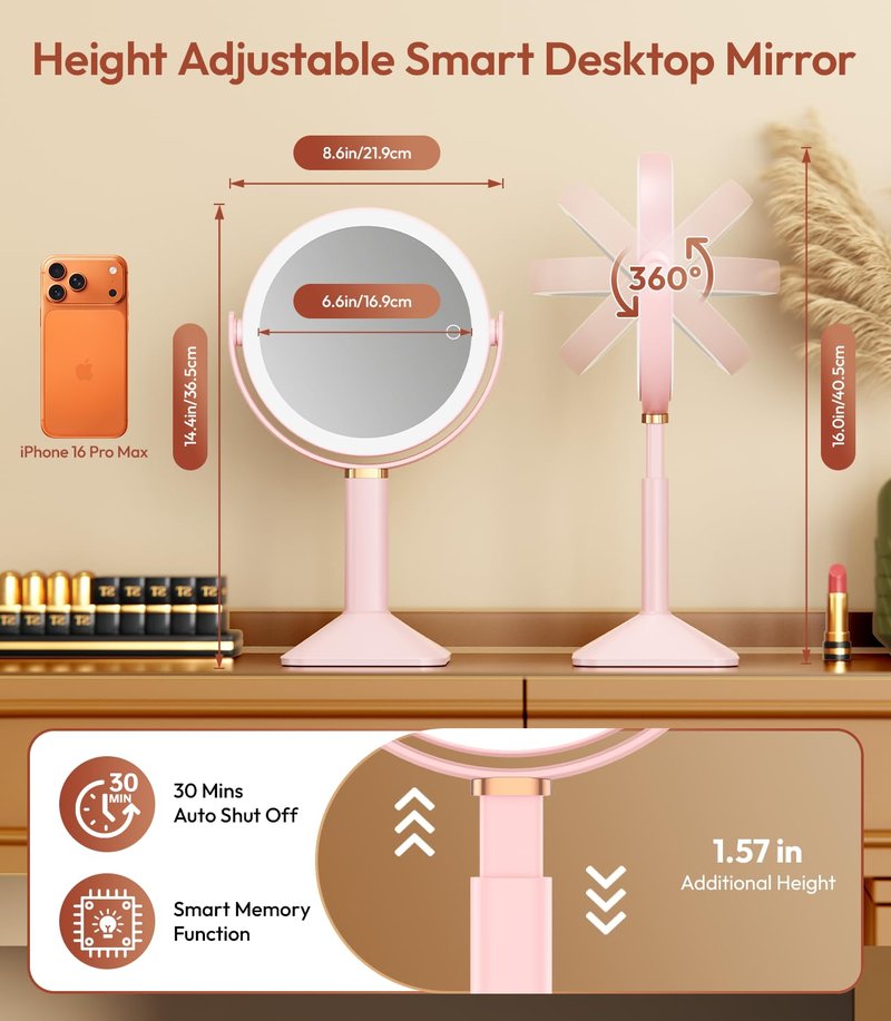 Glowtop Lighted Makeup Mirror with Lights and Magnification 30X/1X, Height Adjustable 30X Magnifying Vanity Mirror with 4000mAh Battery & 3 Colors Dimming Light for Desktop Bathroom Bedroom (Pink)