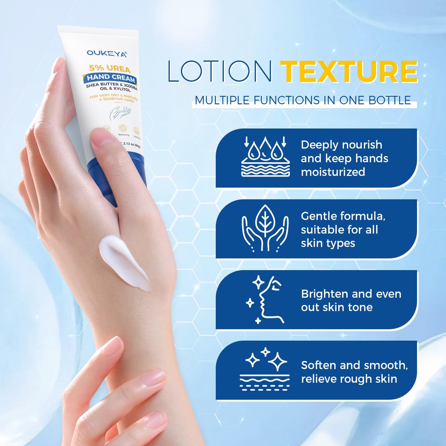 OUKEYA Urea Hand Cream - With 5% Urea Deep Nourishment for Hands, Fast-Absorbing Hydration for Soft Skin with Jojoba Seed Oil & Shea Butter - Perfect Travel Size for On-the-Go Care