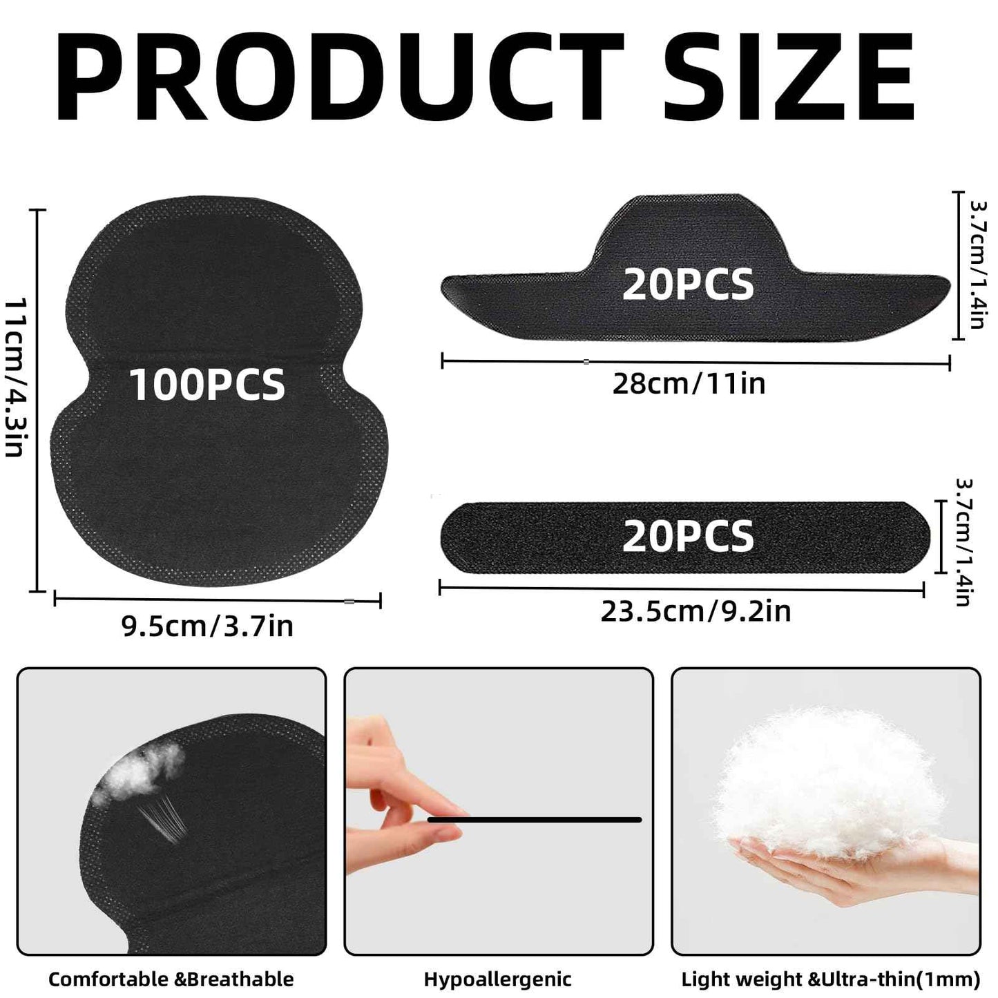 140Pcs Black Sweat Pads for Under Arms, Hat Sweat Liner, Shirt Collar Protection, Large Armpit Sweat Pads for Women, Disposable Underarm Sweat Pad (1Pack/100P+20P+20P)