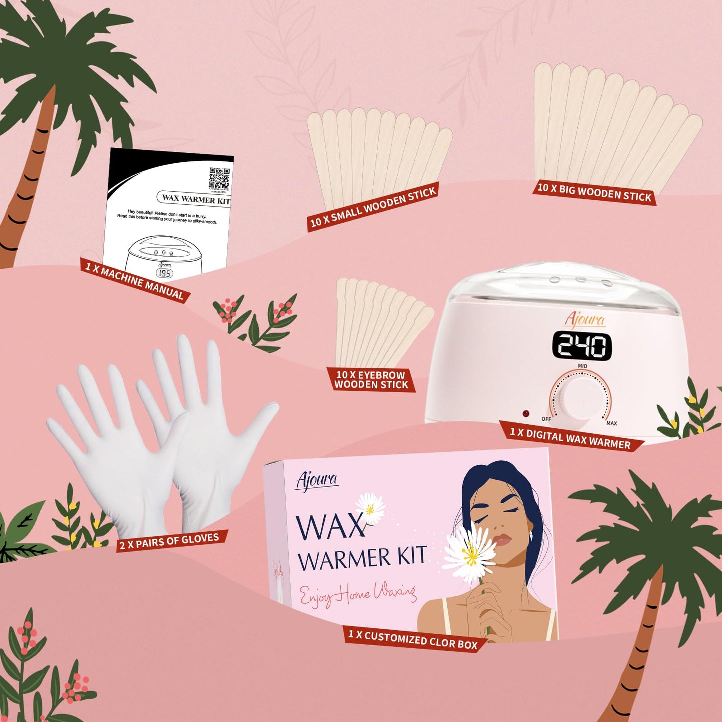 Ajoura Digital Wax Warmer, 10 minutes Quick-Heat Hair Removal Kit with Precision Temp. Control, Wax Heater including 30 Waxing Sticks & 2 Pairs of Gloves, Ideal Home & Salon Use for Whole Body