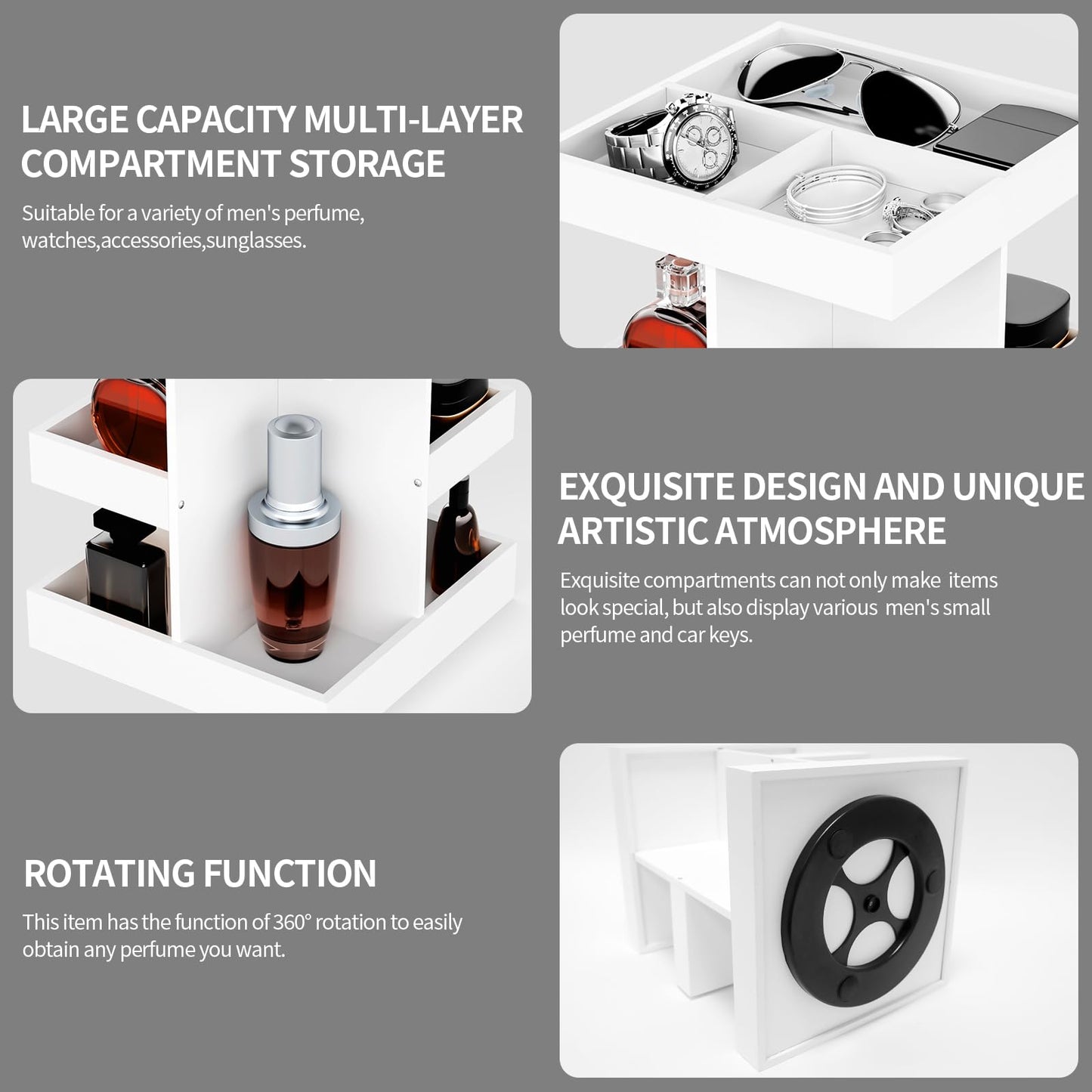 Cologne Organizer for Men - 3-Tier Large Capacity Wood 360° Rotating Cologne Stand,Desk/Nightstand/Bathroom Counter Perfume Storage,Birthday for Men (White)