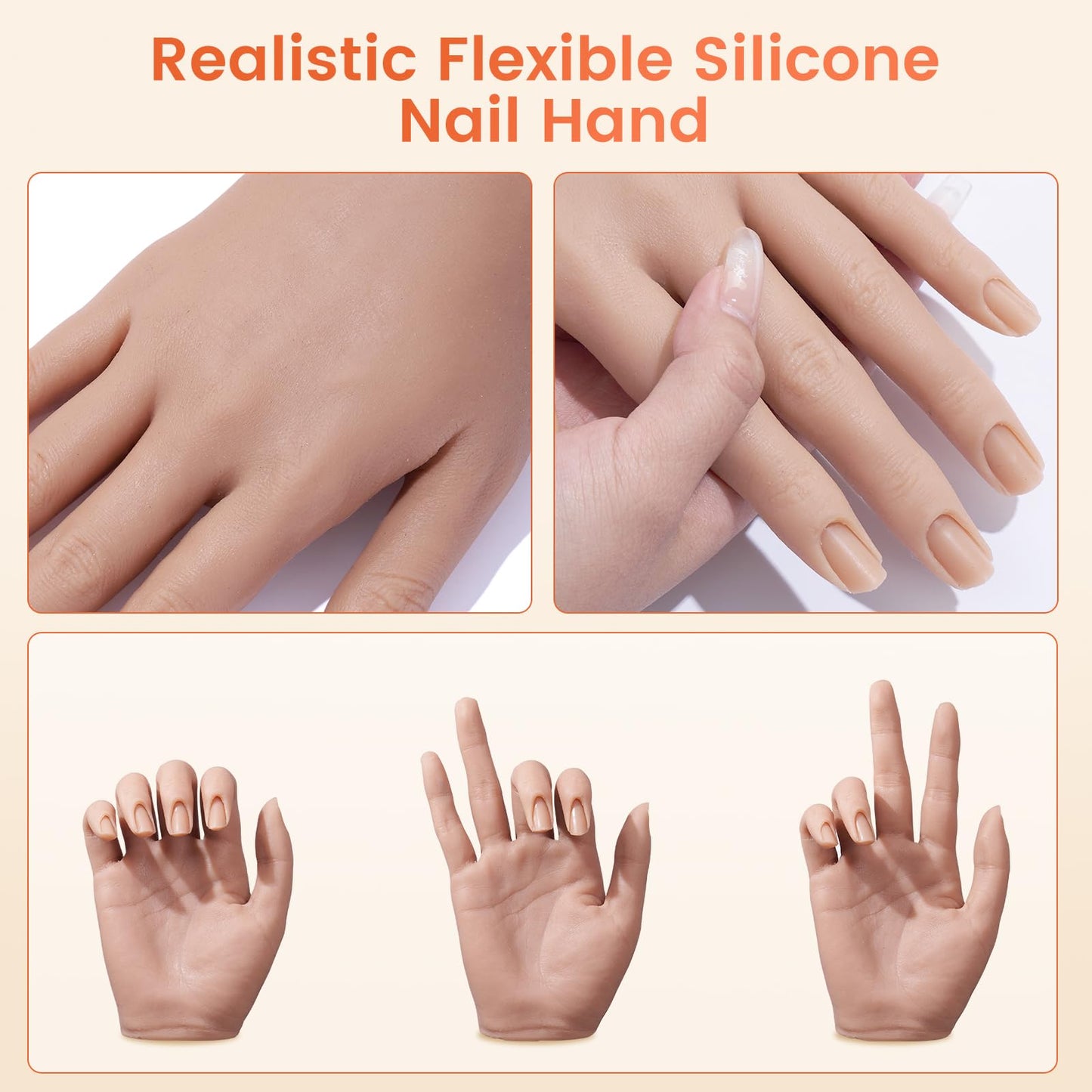 Silicone Practice Hand for Acrylic Nails- Flexible Right Hand for Beginners
