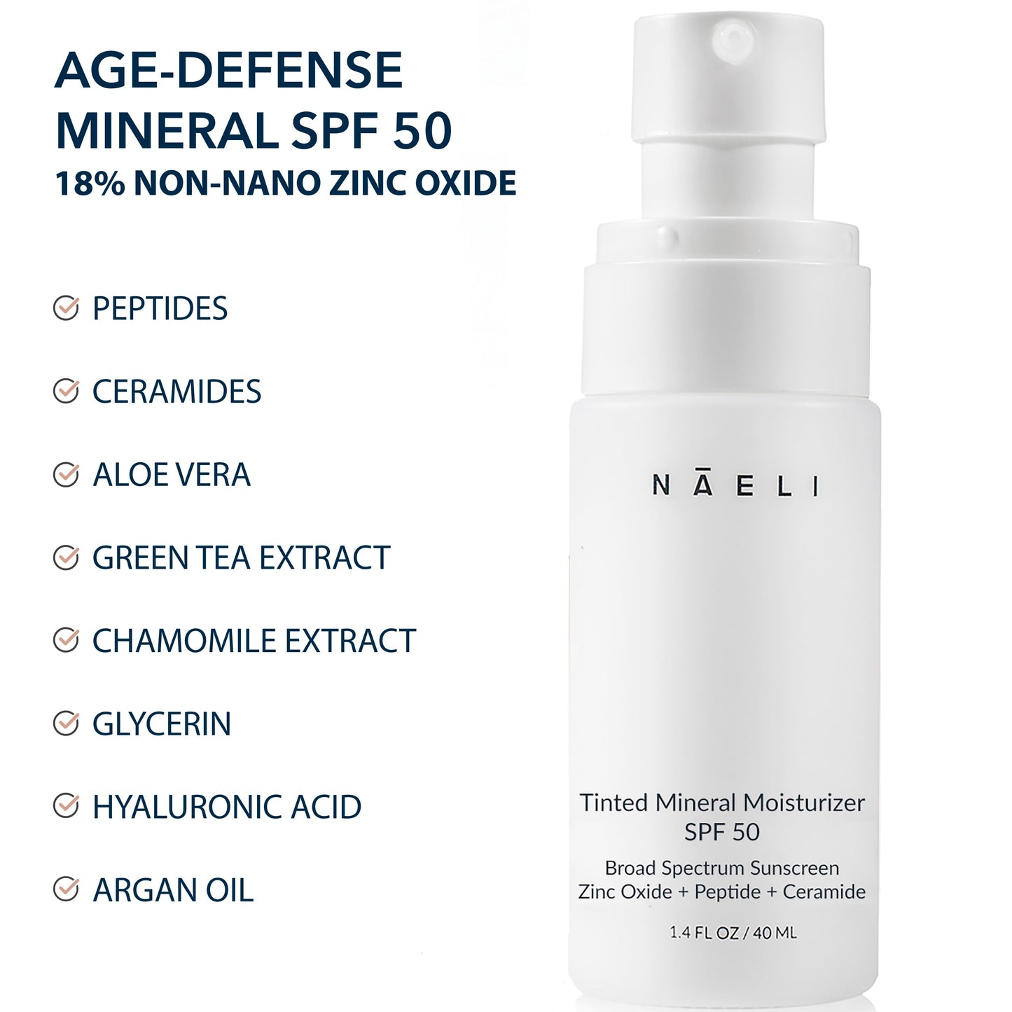 NAELI Anti Aging Tinted Moisturizer SPF 50, Mineral Sunscreen for Face with Zinc Oxide, Peptides & Ceramides, Natural Hydrating Dark Tint - 1.4 oz