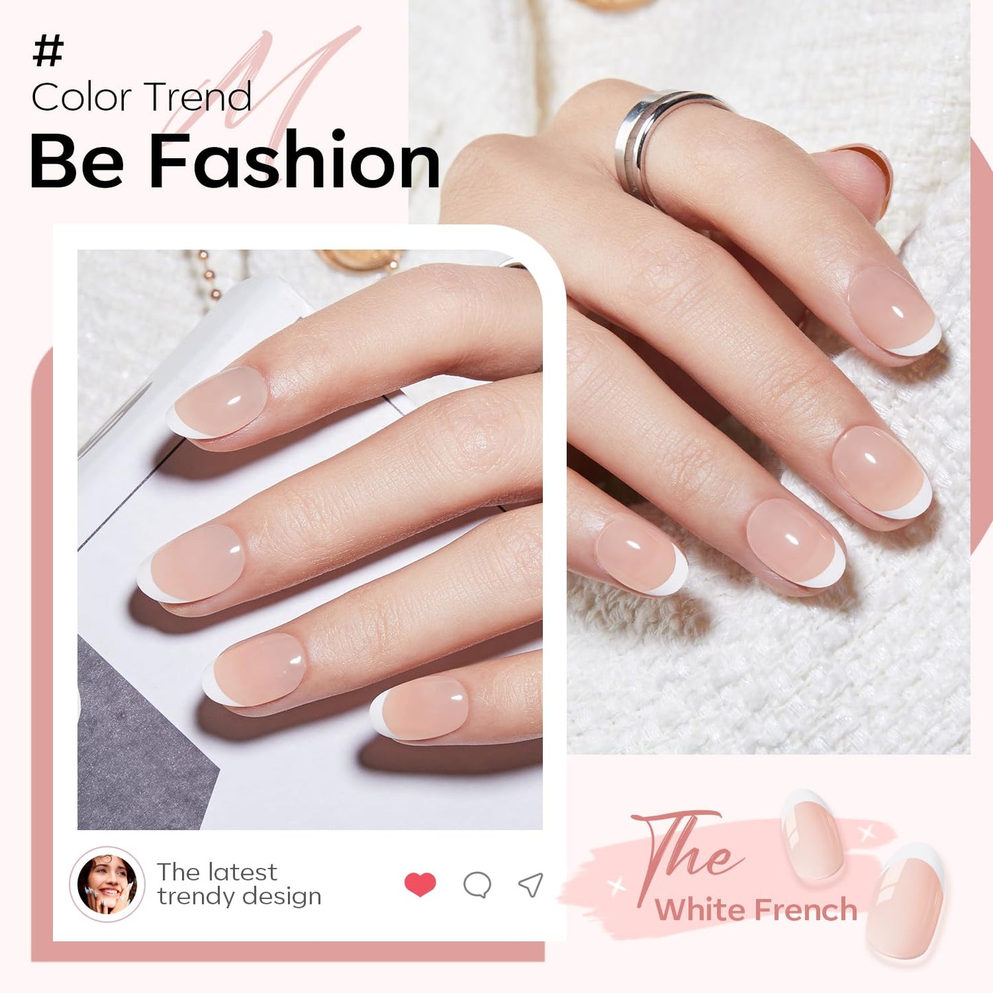 modelones French Tip Press On Nails, Short Oval Fake Nails Press Ons with Nail Glue, Adhesive Tabs, Nail File, Prep Pad, Manicure Stick, 32Pcs 16 Sizes, Nude, Summer Women Girl Gift