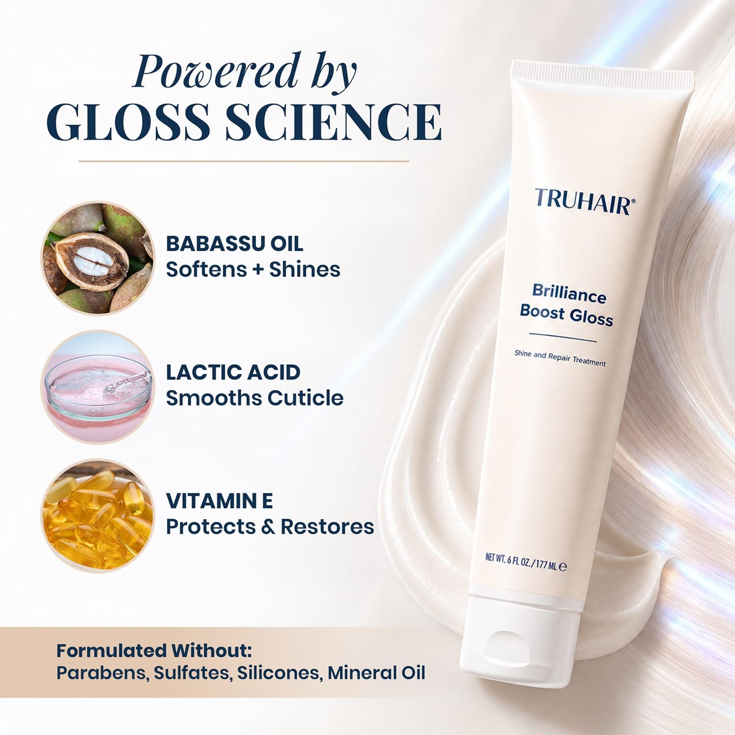 Truhair Brilliance Boost Gloss Shine & Repair Mask | Paraben & Sulfate Free, Clear Hair Gloss Treatment for Glossy Shine, Radiance & Smooth Finish | Hydrating Glossing Treatment for Hair - 6 Fl Oz