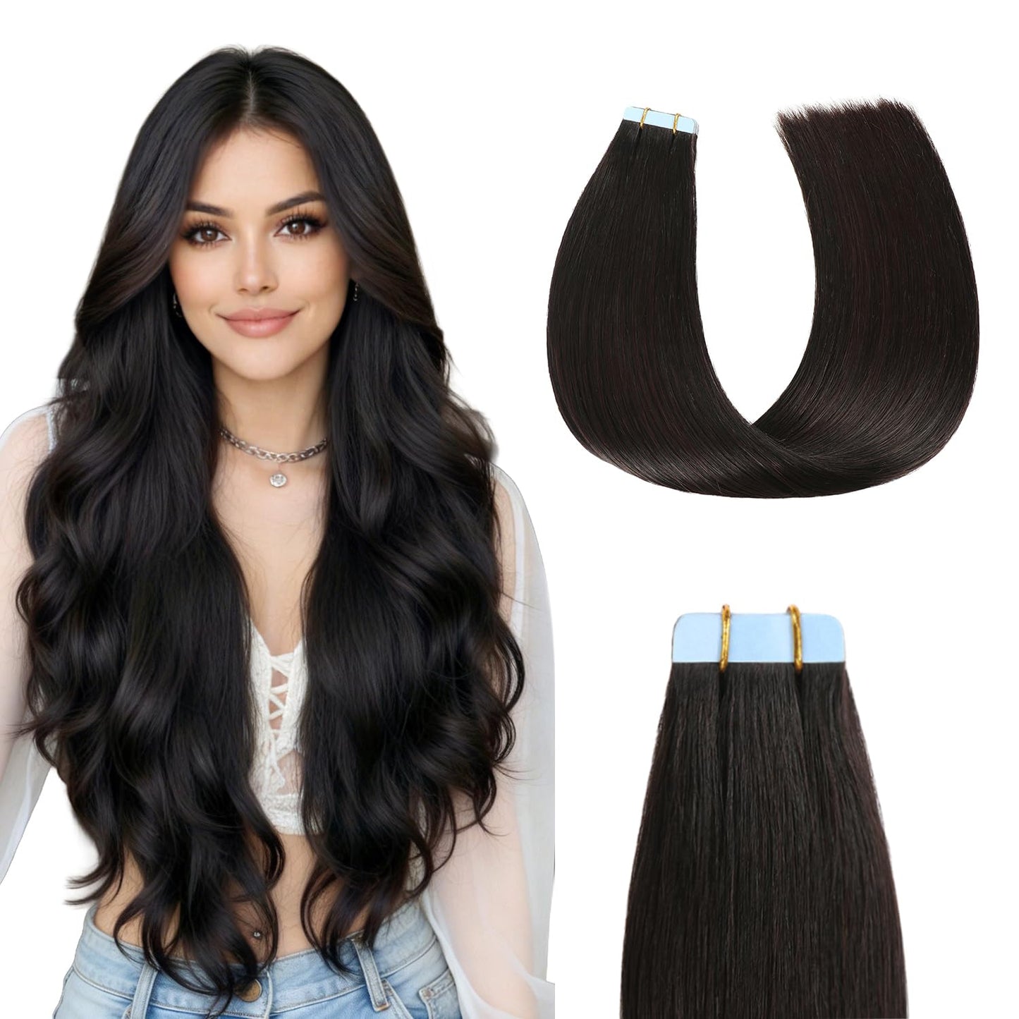 Sunya Tape in Hair Extensions Human Hair 16 Inch Straight Remy Human Hair Tape in Extensions Seamless Skin Weft Natural Black Tape in Hair Extensions #1B 40g 20Pcs/Pack