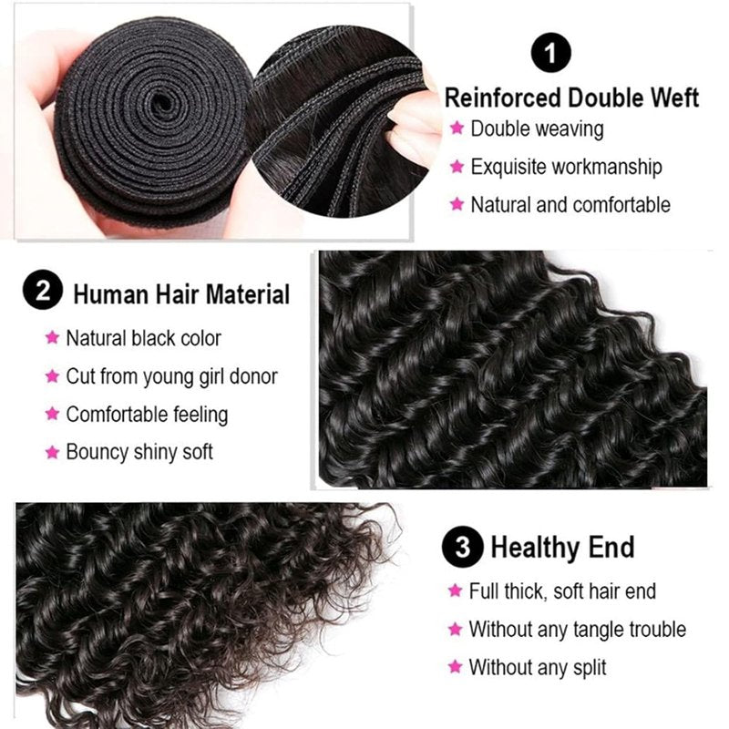 Deep Wave Human Hair Bundles - 100% Unprocessed Brazilian Virgin Hair | 10, 12, 14 Inch Natural Black Extensions