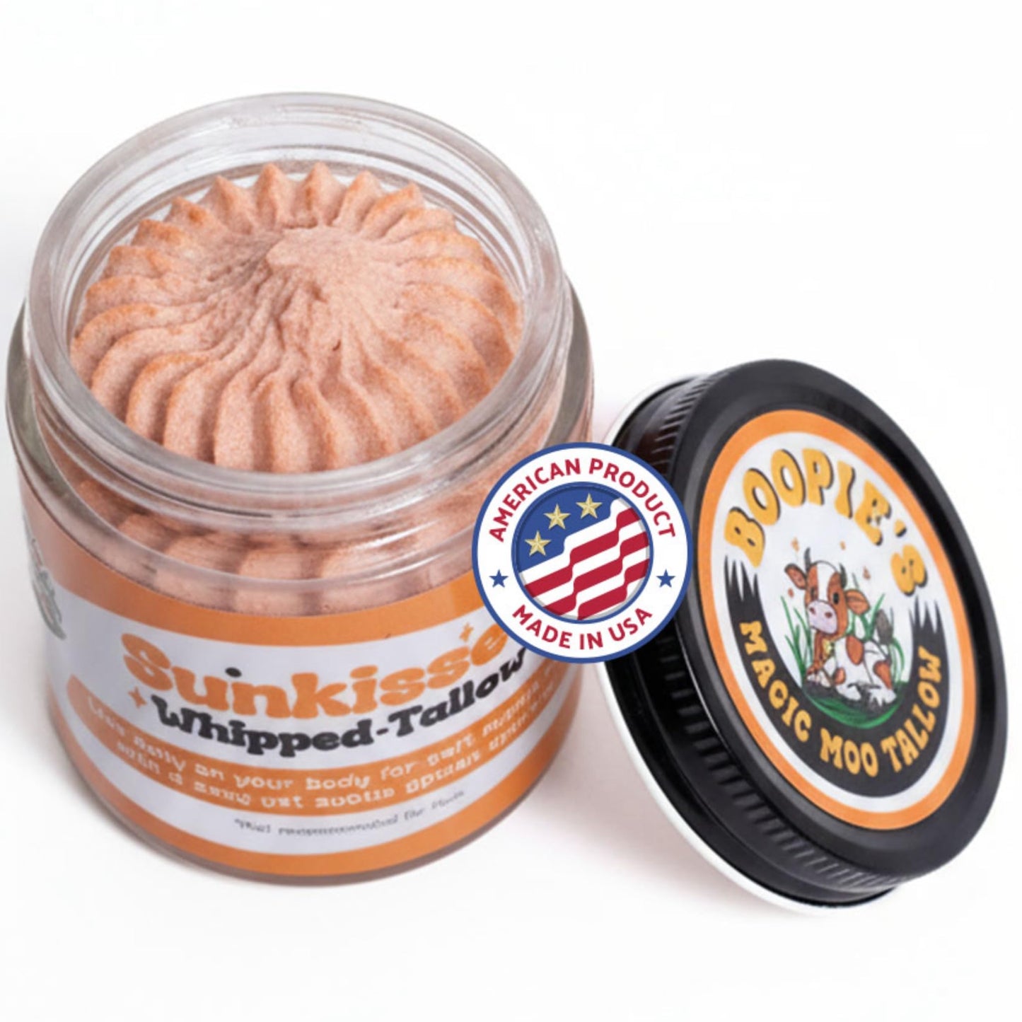 Boopie's Magic Moo Sunkissed Tallow for skin hydration, nourishment with a glow. Tinited tallow cream and lotion with glitter.