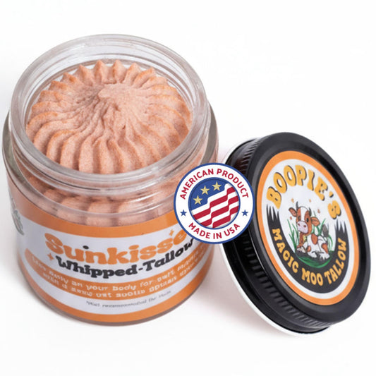 Boopie's Magic Moo Sunkissed Tallow for skin hydration, nourishment with a glow. Tinited tallow cream and lotion with glitter.