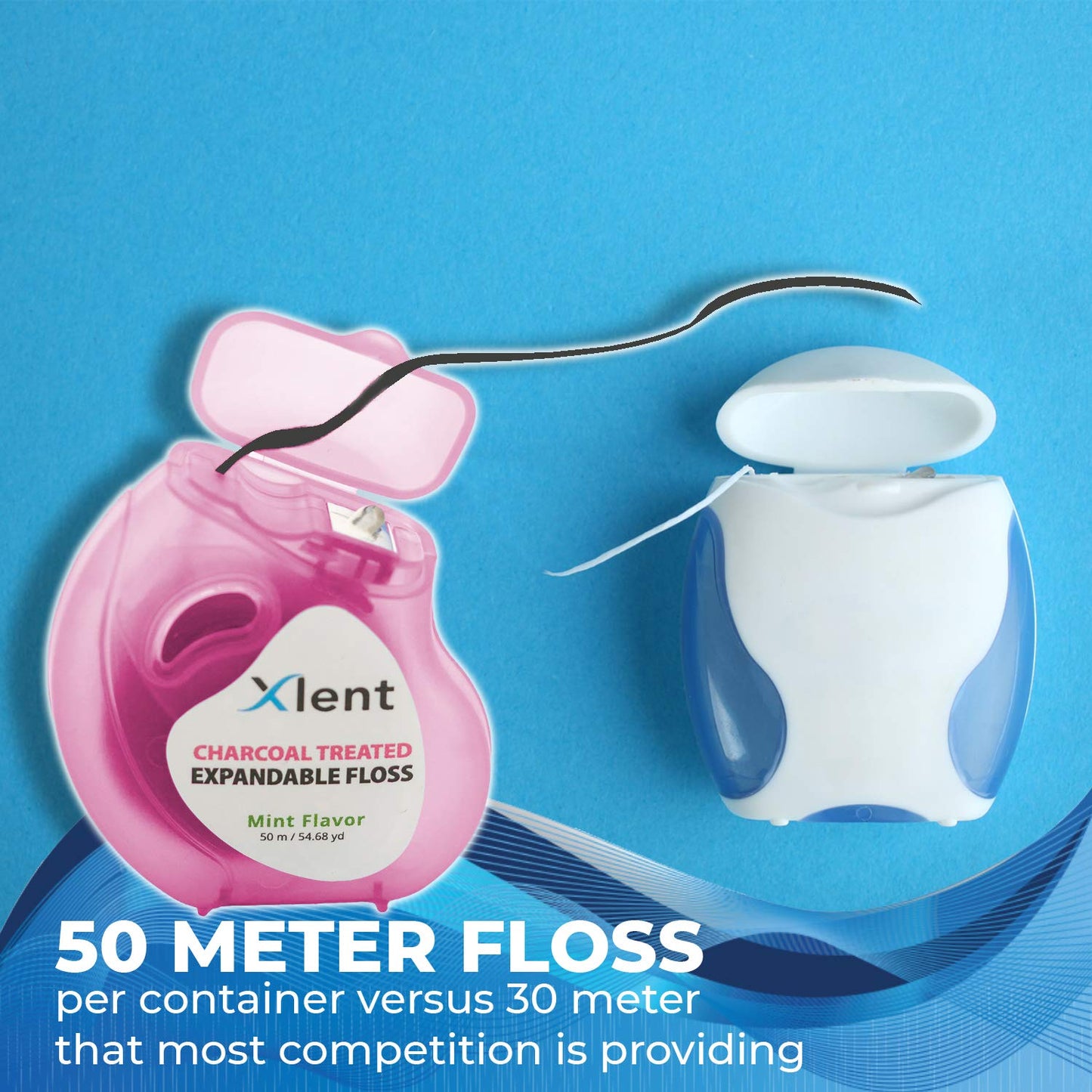 Expandable Floss Treated with Activated Charcoal with Xylitol and Natural Plant Based Wax |Fresh Mint Flavor | 50 Meter (6 Count)